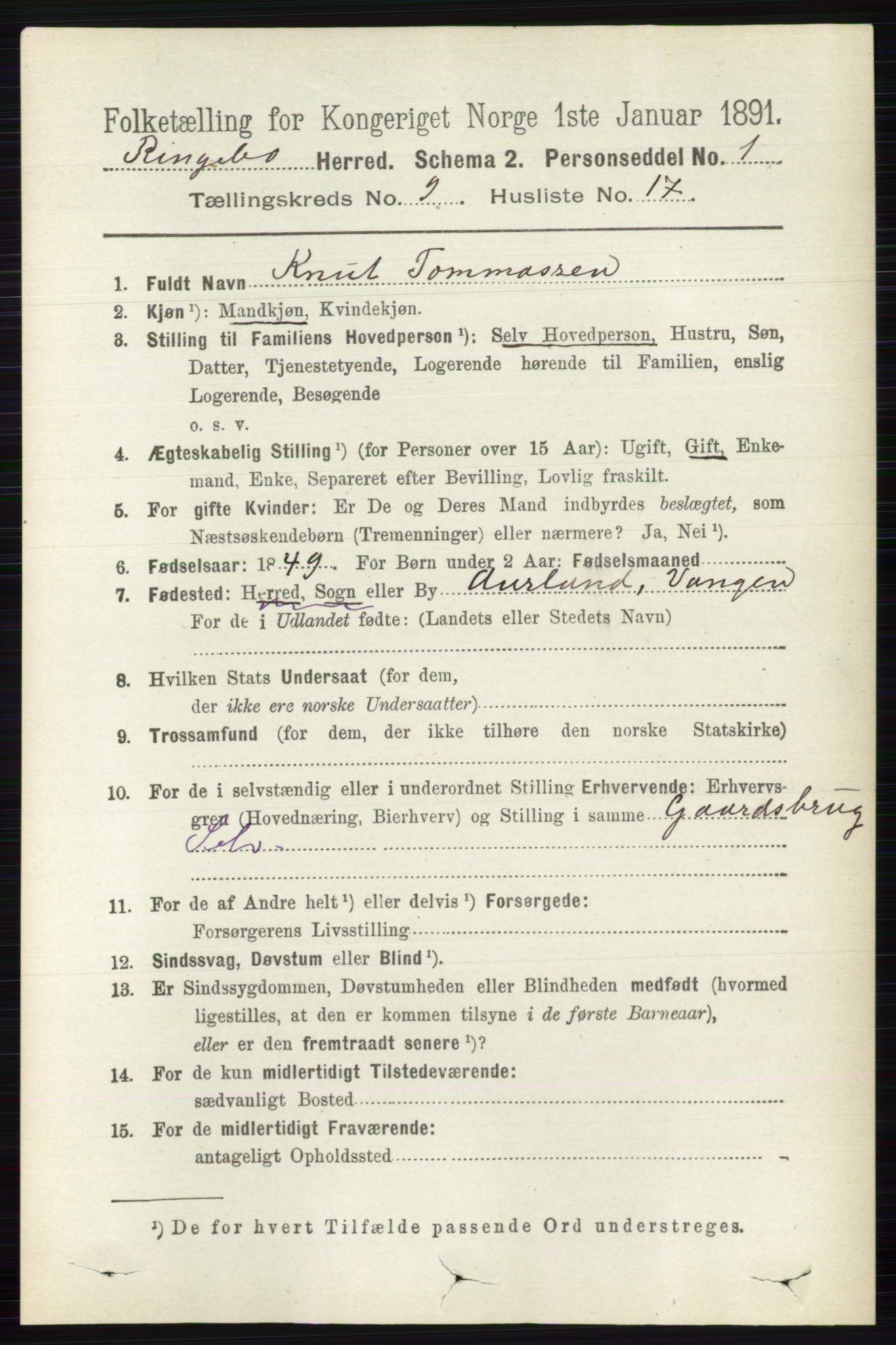 RA, 1891 census for 0520 Ringebu, 1891, p. 4347