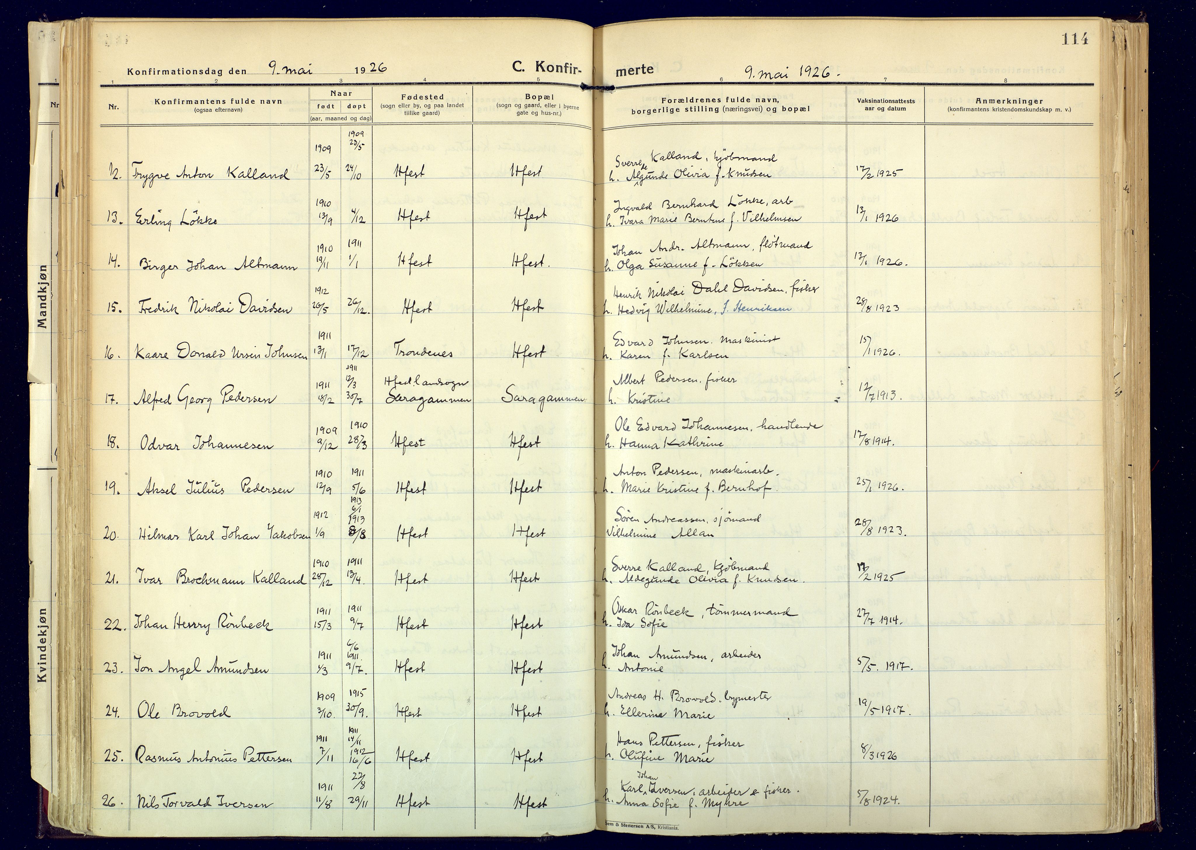 Hammerfest sokneprestkontor, AV/SATØ-S-1347/H/Ha/L0017.kirke: Parish register (official) no. 17, 1923-1933, p. 114