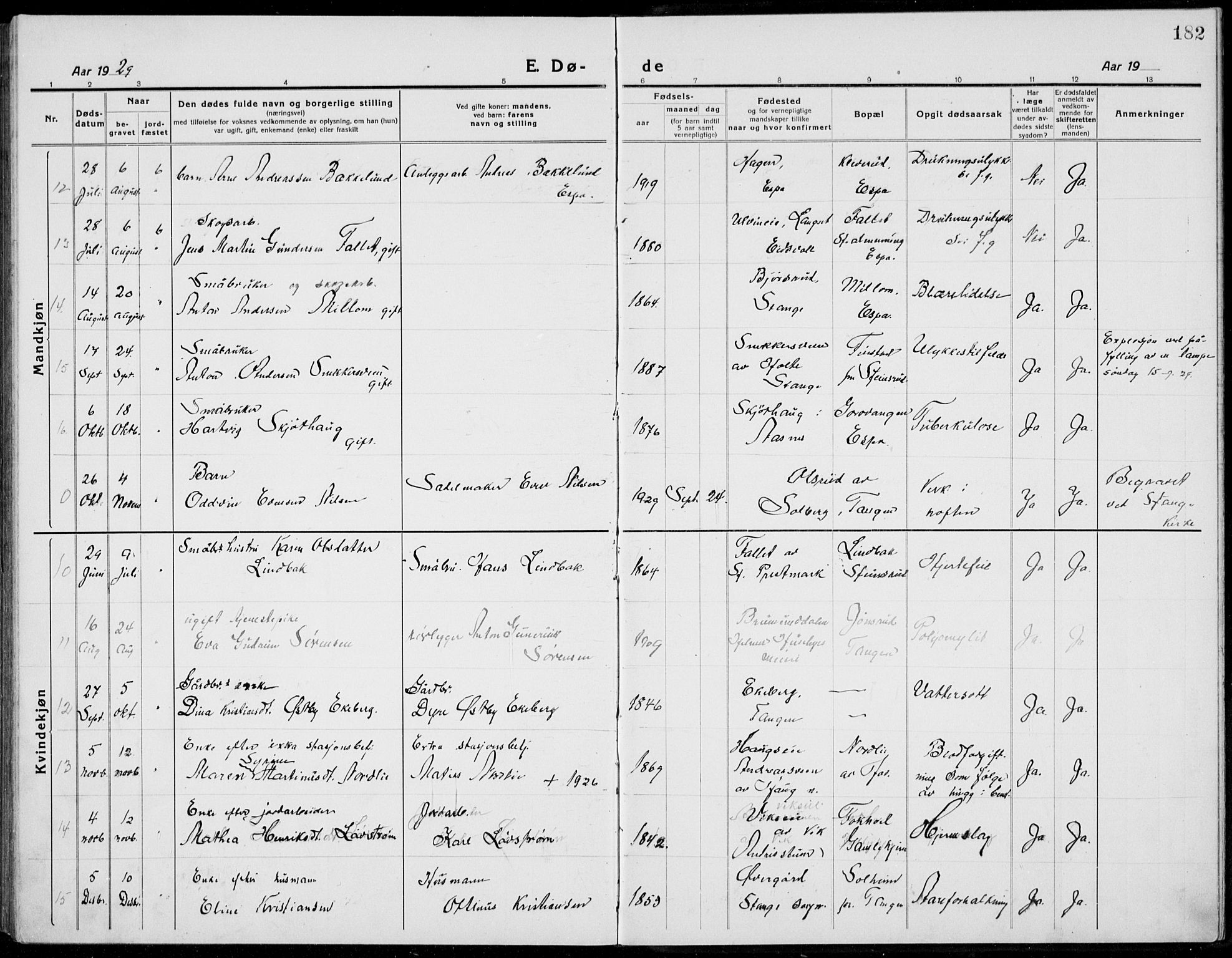 Stange prestekontor, AV/SAH-PREST-002/L/L0017: Parish register (copy) no. 17, 1918-1936, p. 182