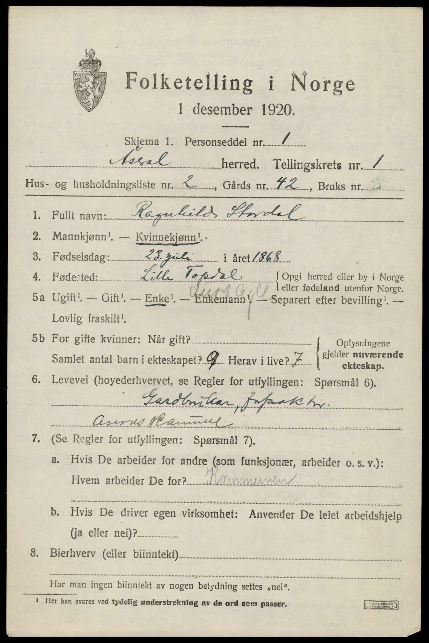 SAK, 1920 census for Åseral, 1920, p. 530