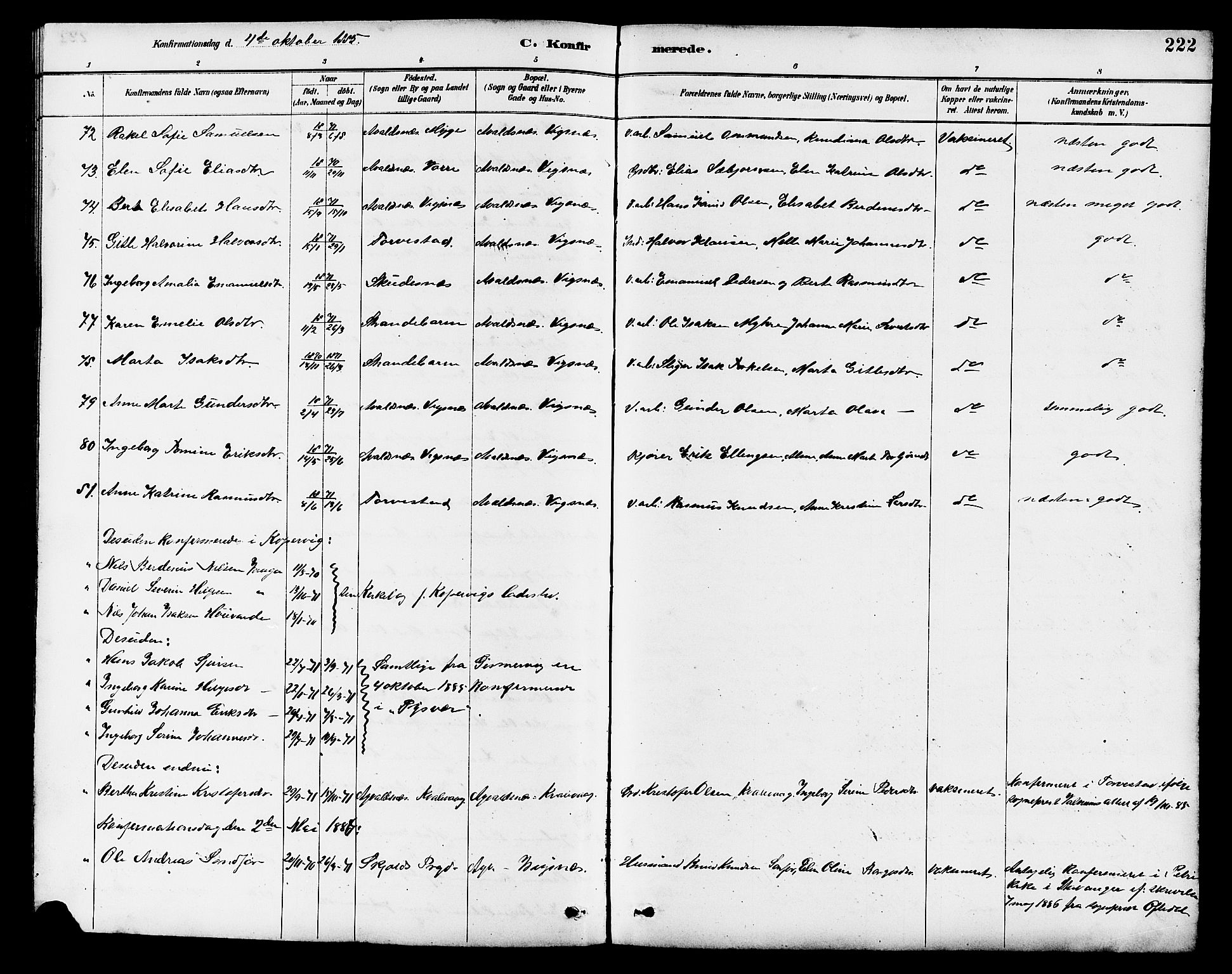 Avaldsnes sokneprestkontor, AV/SAST-A -101851/H/Ha/Hab/L0007: Parish register (copy) no. B 7, 1885-1909, p. 222