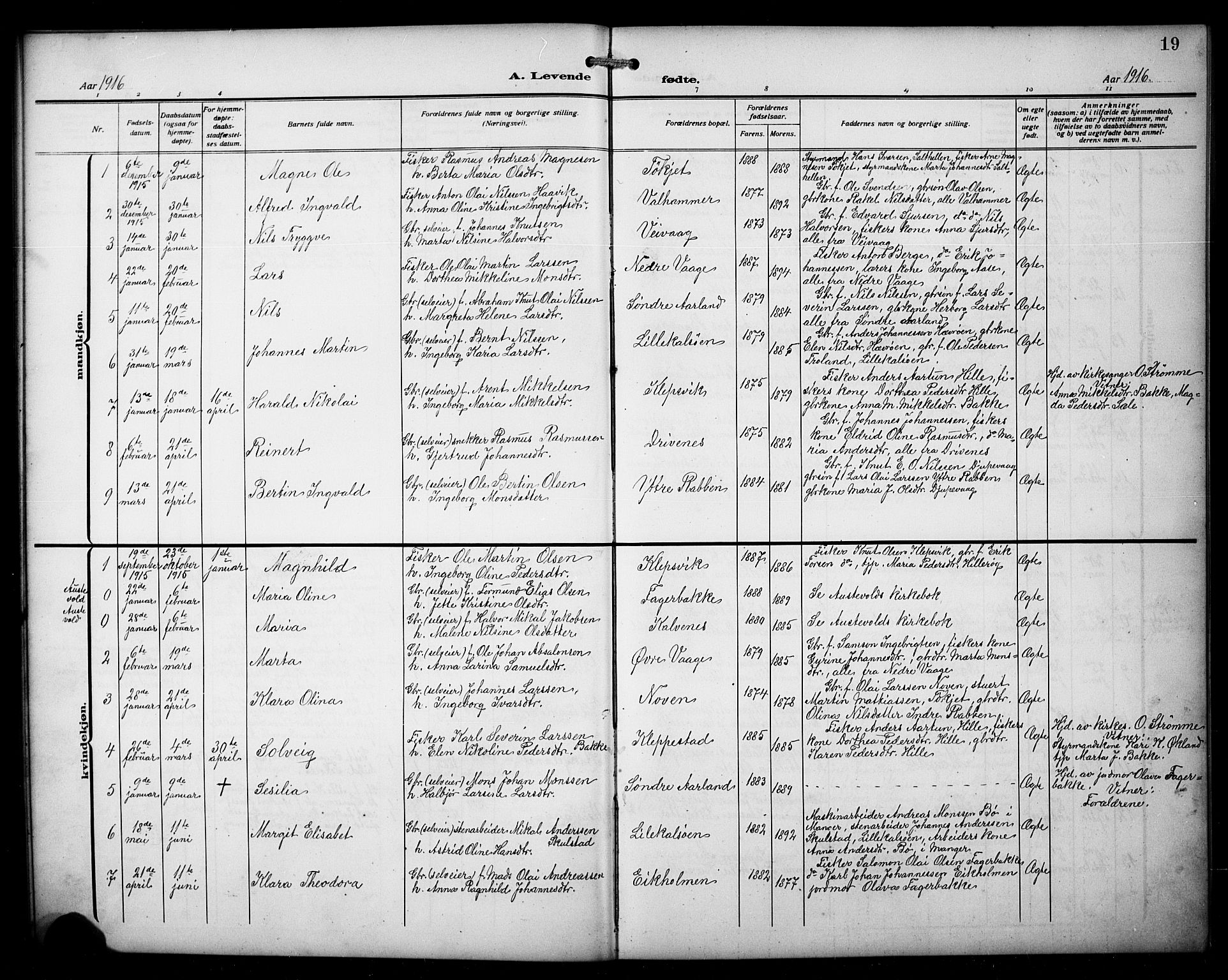 Austevoll Sokneprestembete, SAB/A-74201/H/Hab: Parish register (copy) no. B 6, 1911-1925, p. 19