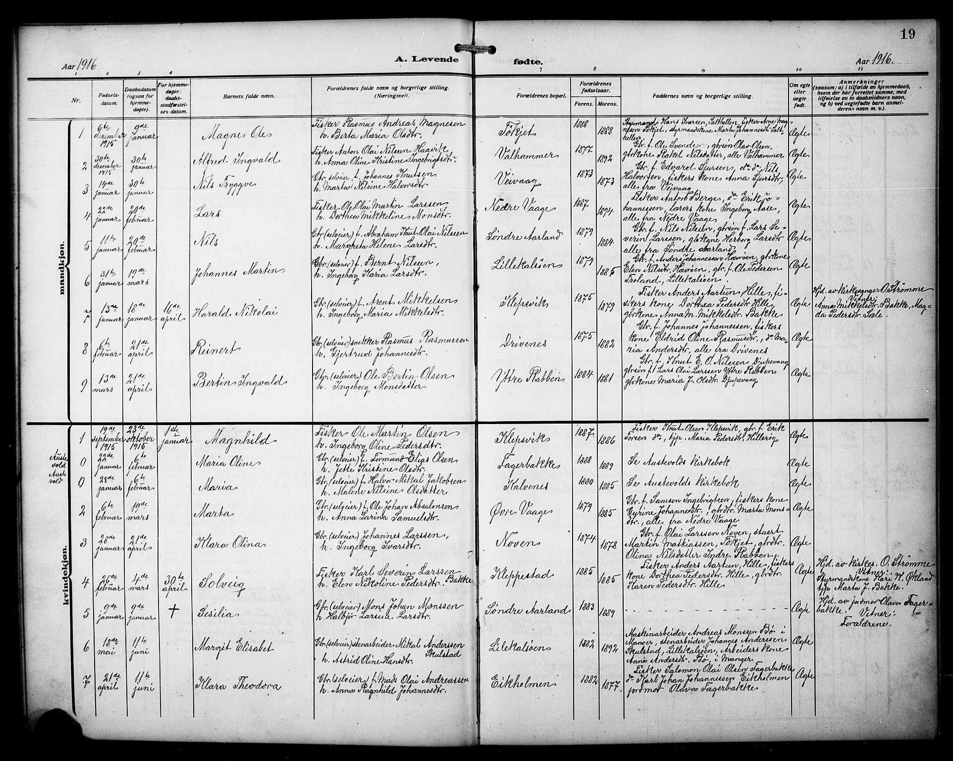 Austevoll sokneprestembete, AV/SAB-A-74201/H/Ha/Hab/Habb/L0006: Parish register (copy) no. B 6, 1911-1925, p. 19