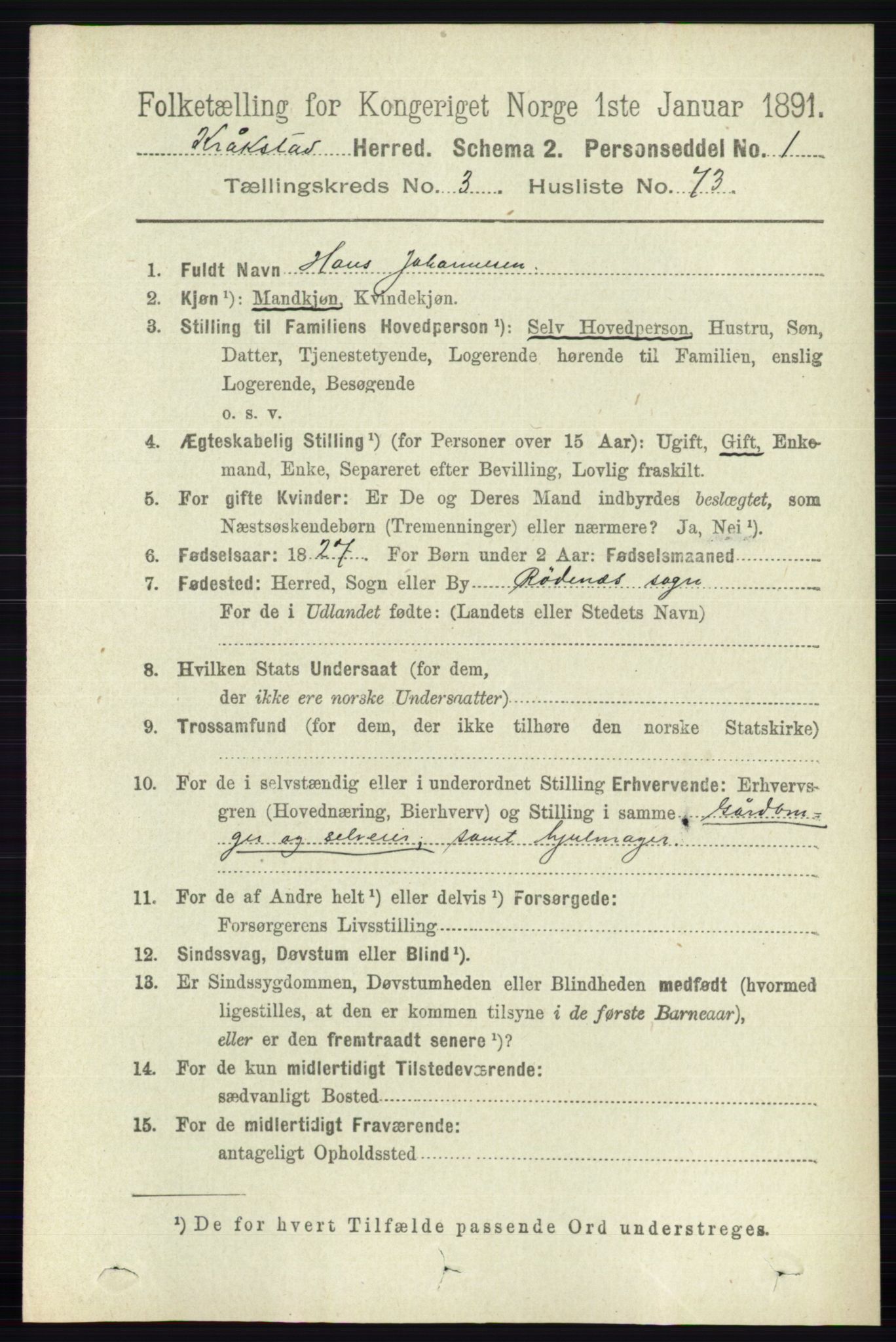 RA, 1891 census for 0212 Kråkstad, 1891, p. 1608