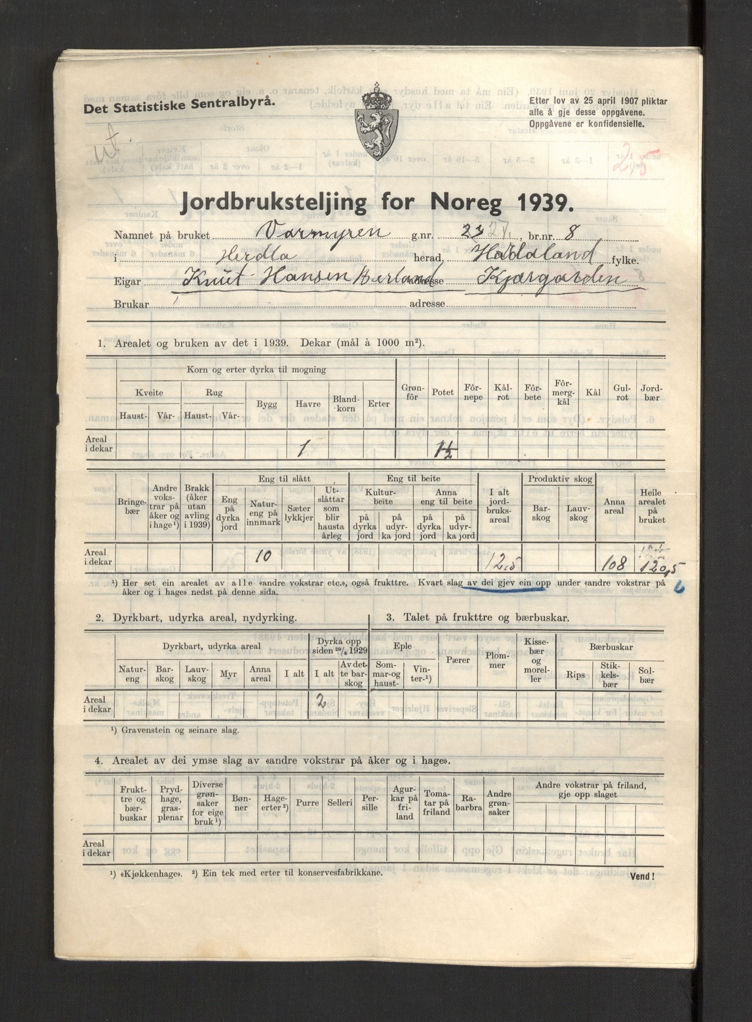 Statistisk sentralbyrå, Næringsøkonomiske emner, Jordbruk, skogbruk, jakt, fiske og fangst, AV/RA-S-2234/G/Gb/L0211: Hordaland: Herdla, Hjelme og Manger, 1939, p. 381