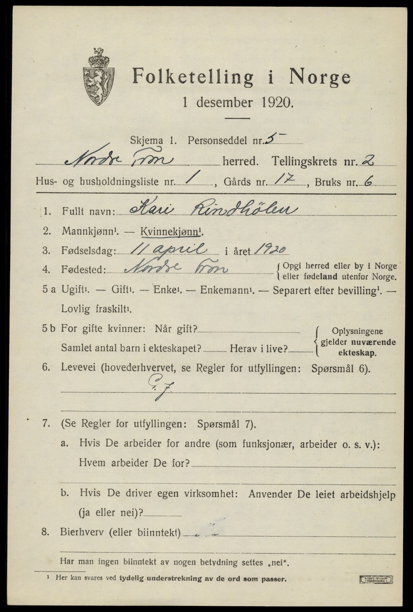 SAH, 1920 census for Nord-Fron, 1920, p. 2682