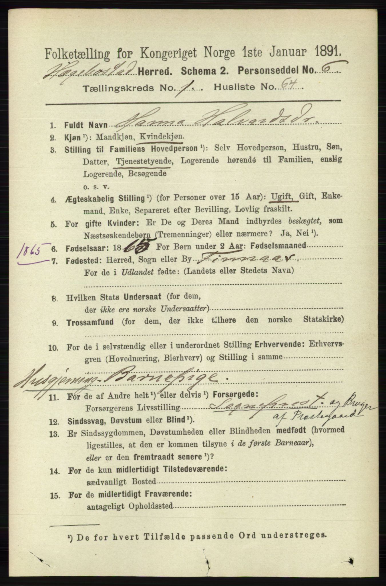 RA, 1891 census for 1034 Hægebostad, 1891, p. 429