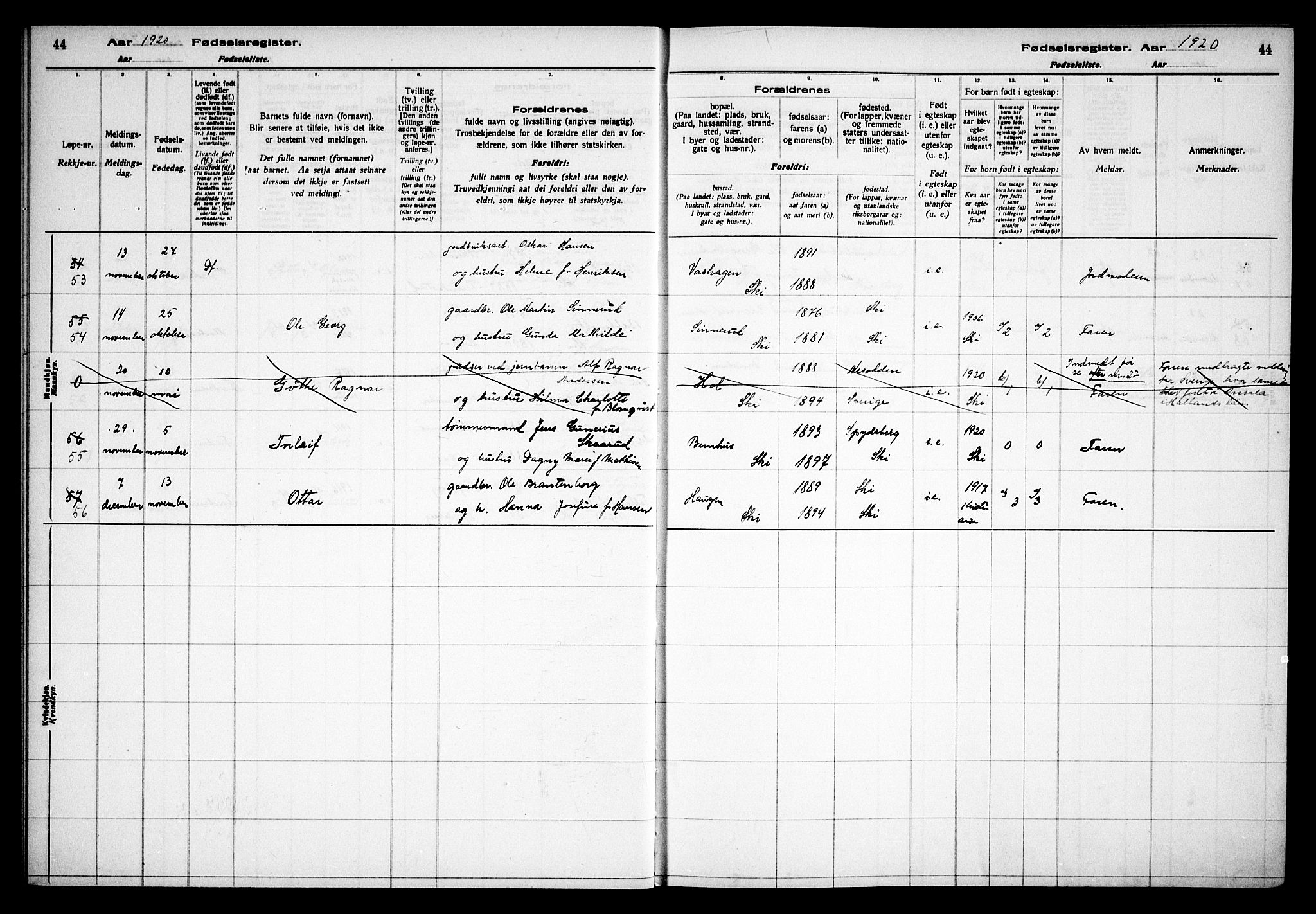 Kråkstad prestekontor Kirkebøker, AV/SAO-A-10125a/J/Jb/L0001: Birth register no. II 1, 1916-1936, p. 44