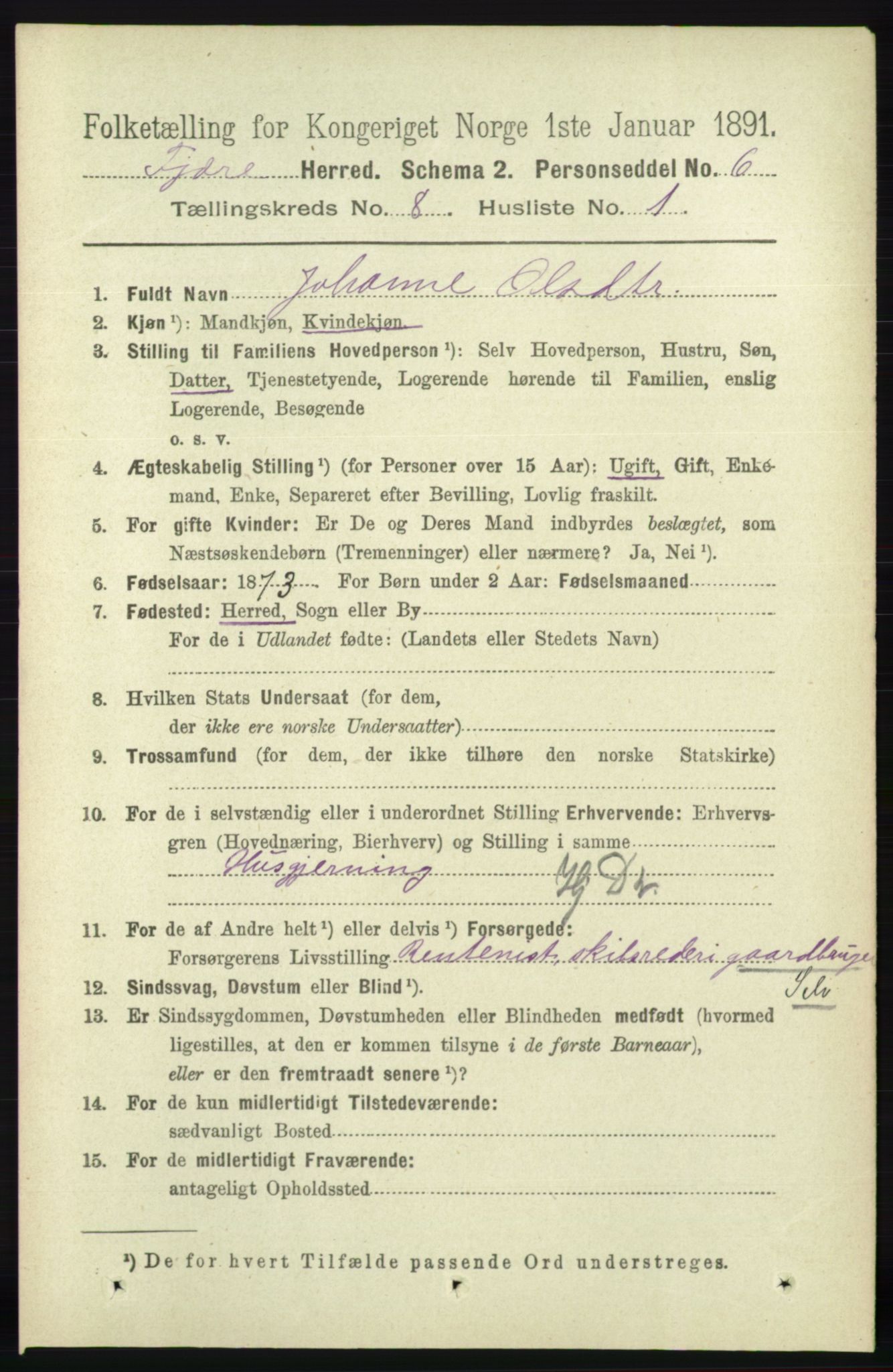 RA, 1891 census for 0923 Fjære, 1891, p. 3743