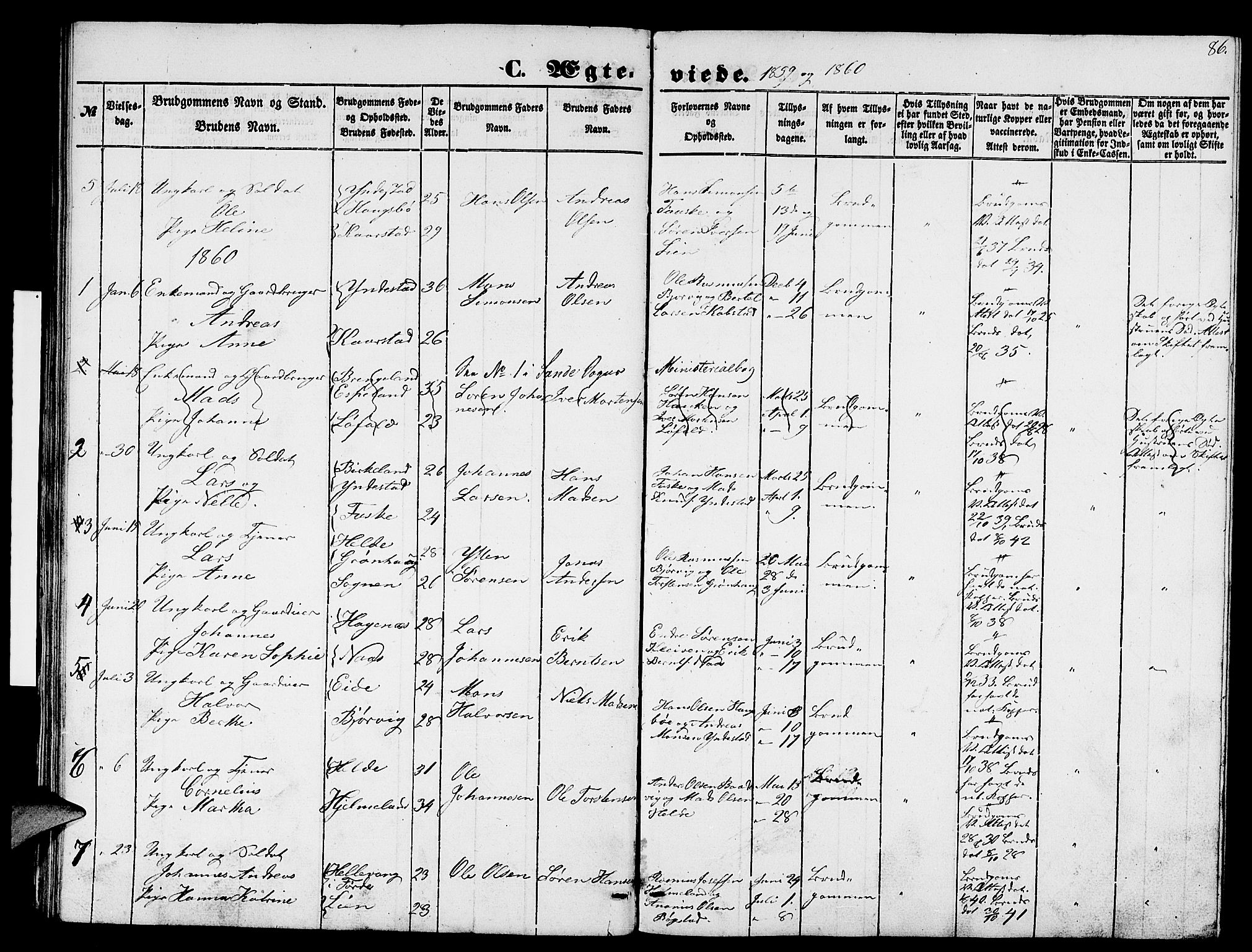 Gaular sokneprestembete, SAB/A-80001/H/Hab: Parish register (copy) no. B 1, 1853-1863, p. 86