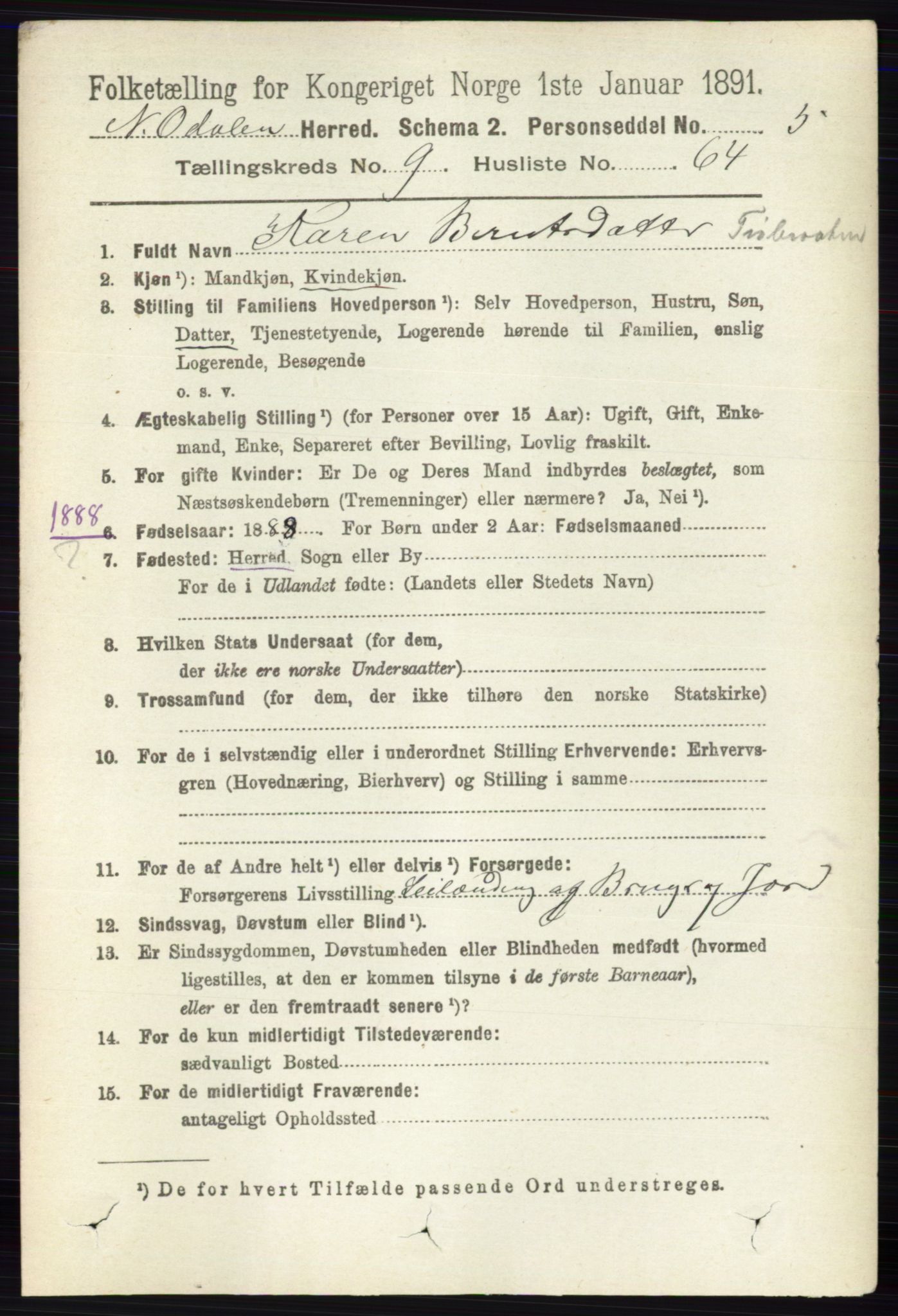 RA, 1891 census for 0418 Nord-Odal, 1891, p. 4416