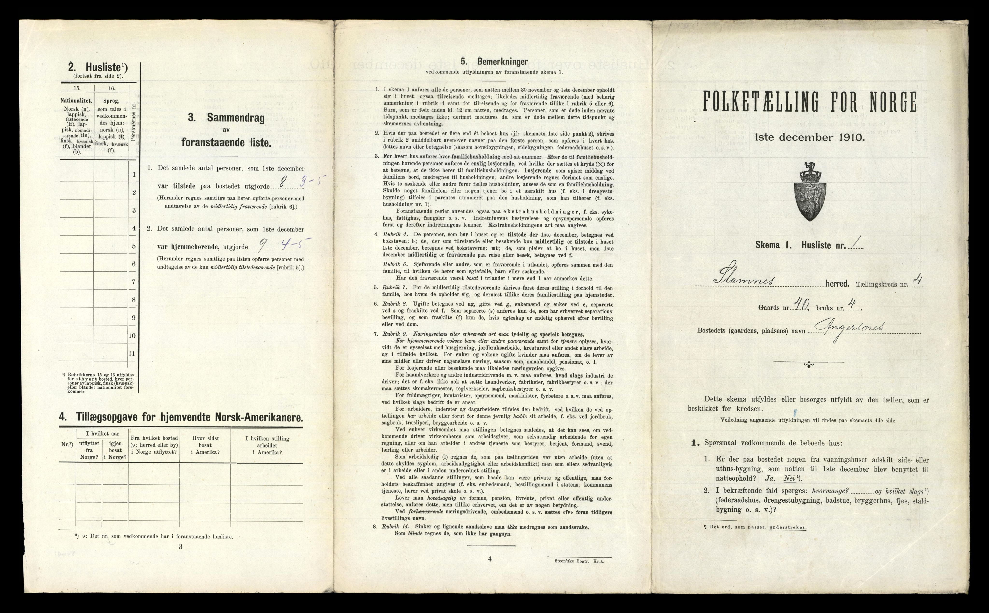 RA, 1910 census for Stamnes, 1910, p. 410