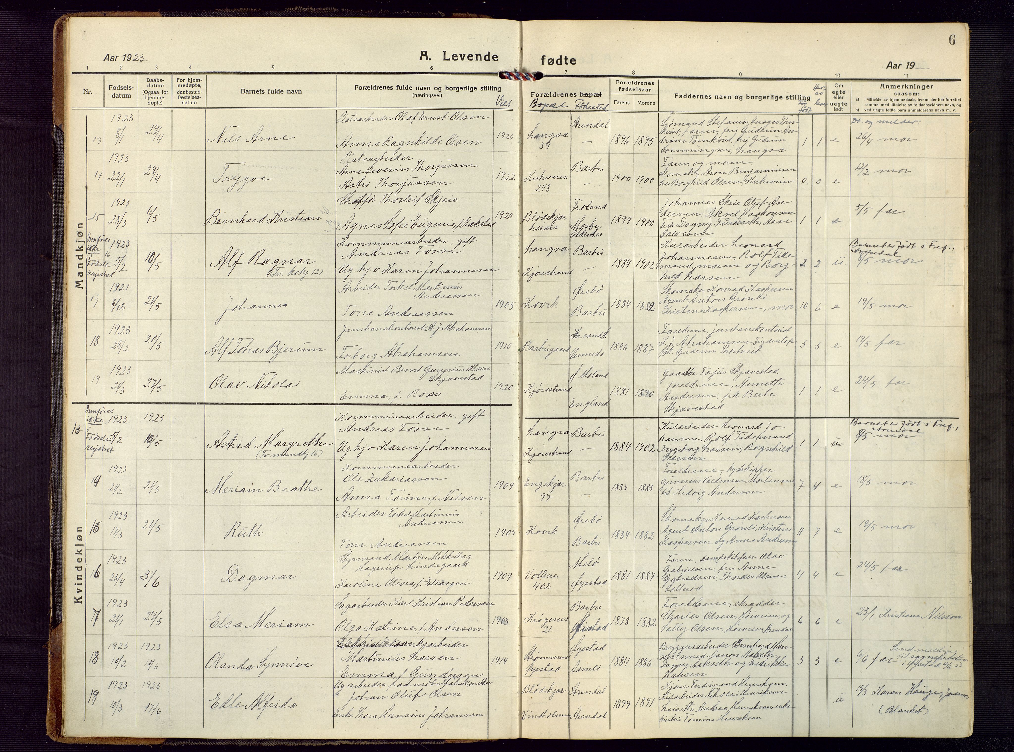 Barbu sokneprestkontor, AV/SAK-1111-0003/F/Fb/L0005: Parish register (copy) no. B 5, 1923-1946, p. 6