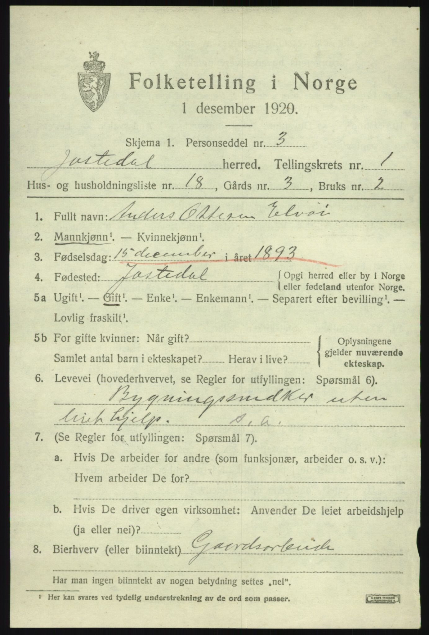 SAB, 1920 census for Jostedal, 1920, p. 562