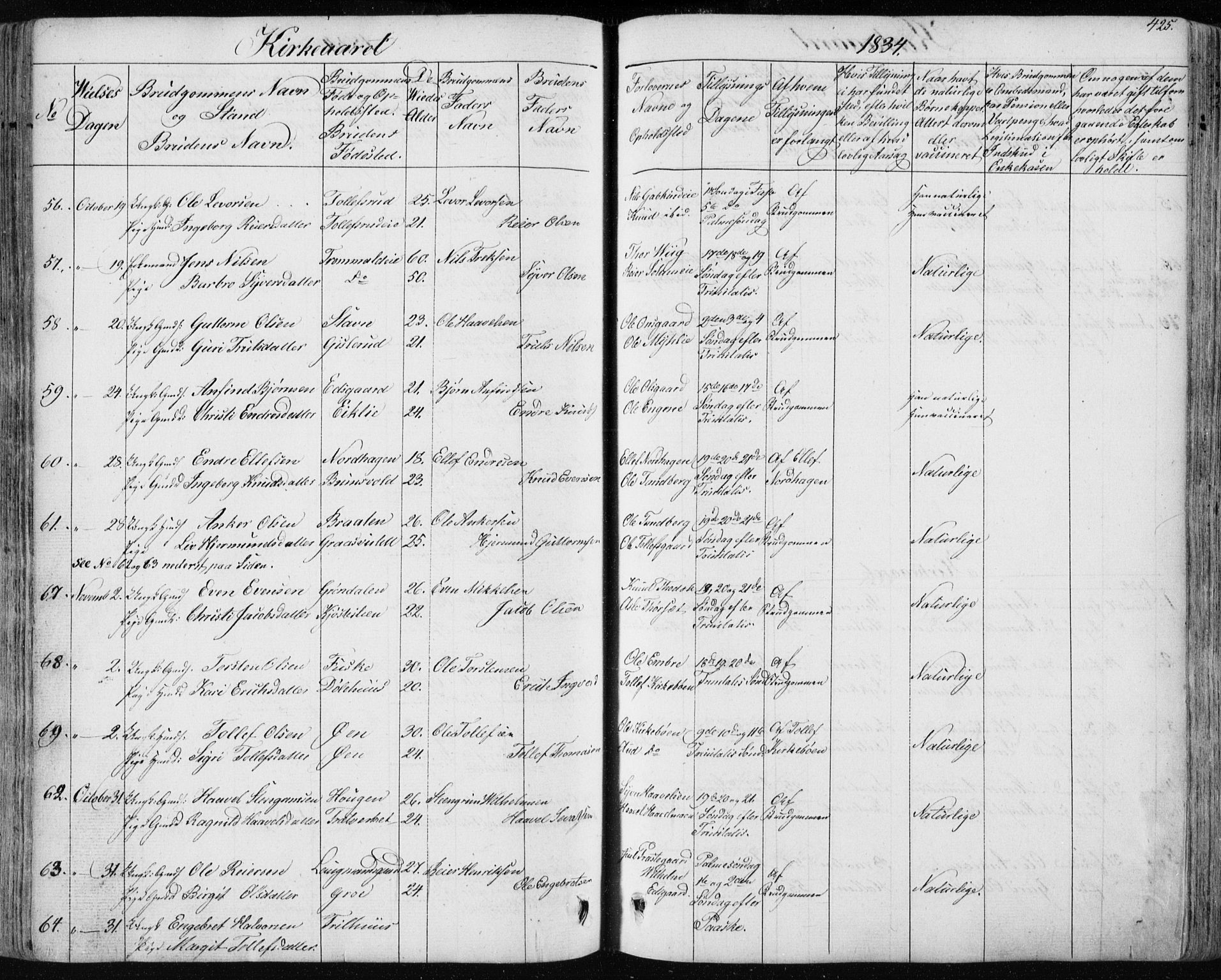 Nes kirkebøker, SAKO/A-236/F/Fa/L0009: Parish register (official) no. 9, 1834-1863, p. 425