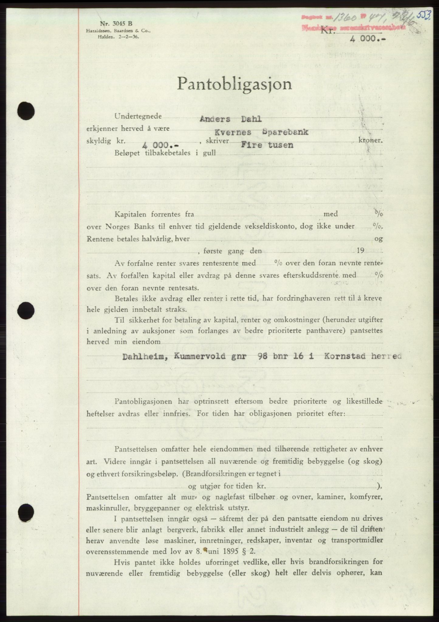 Nordmøre sorenskriveri, AV/SAT-A-4132/1/2/2Ca: Mortgage book no. B96, 1947-1947, Diary no: : 1360/1947