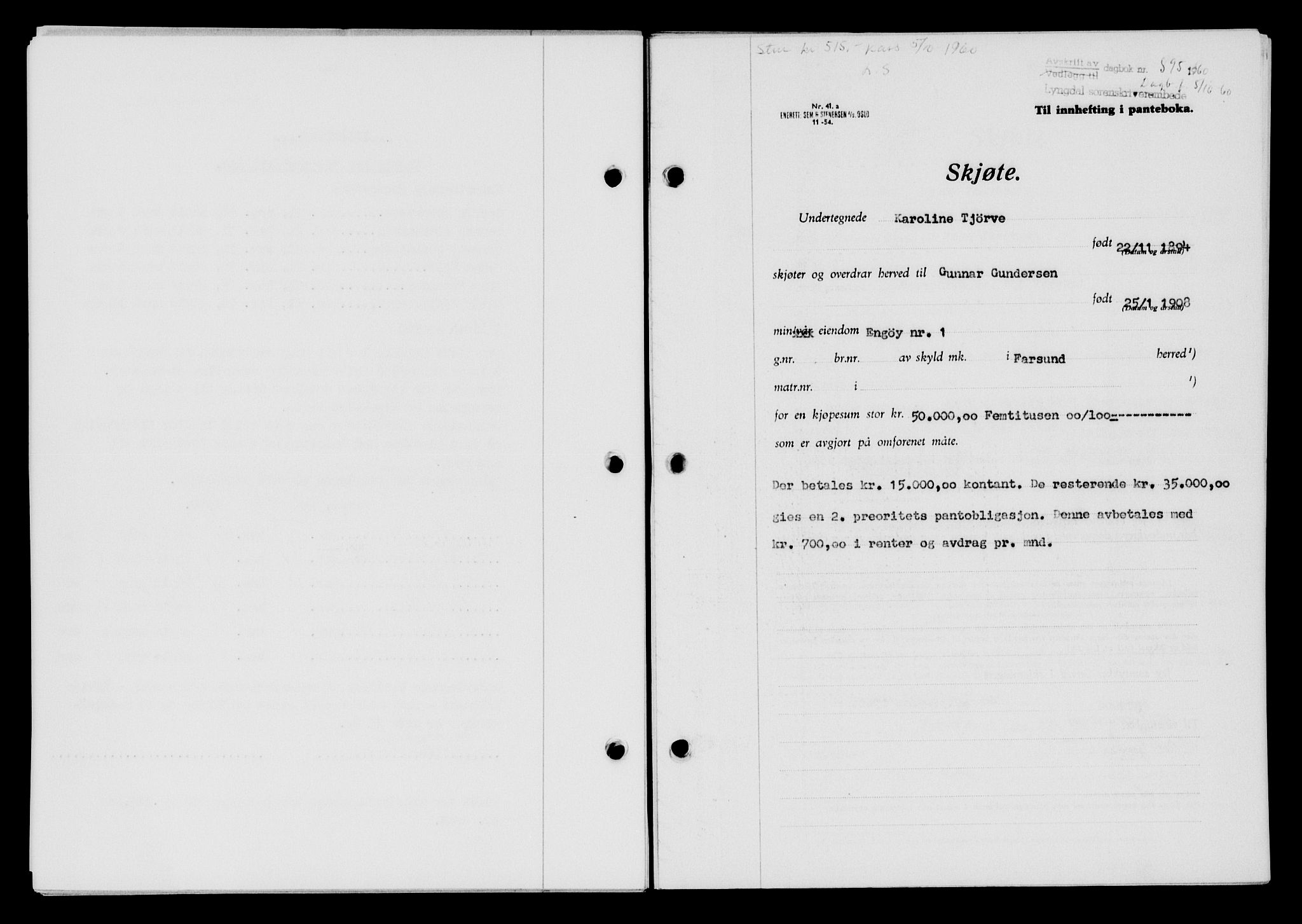 Lyngdal sorenskriveri, AV/SAK-1221-0004/G/Gb/L0680: Mortgage book no. A XXVI, 1960-1960, Diary no: : 895/1960