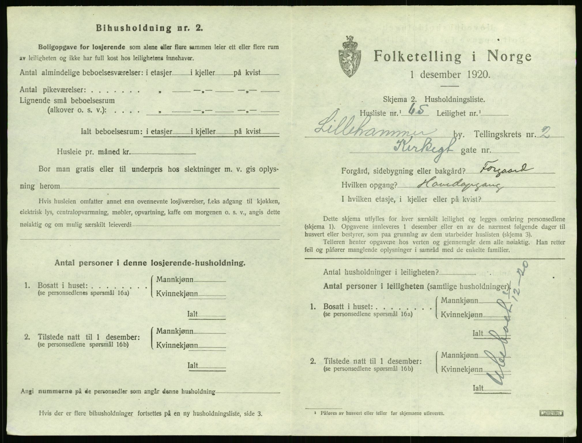 SAH, 1920 census for Lillehammer, 1920, p. 1722