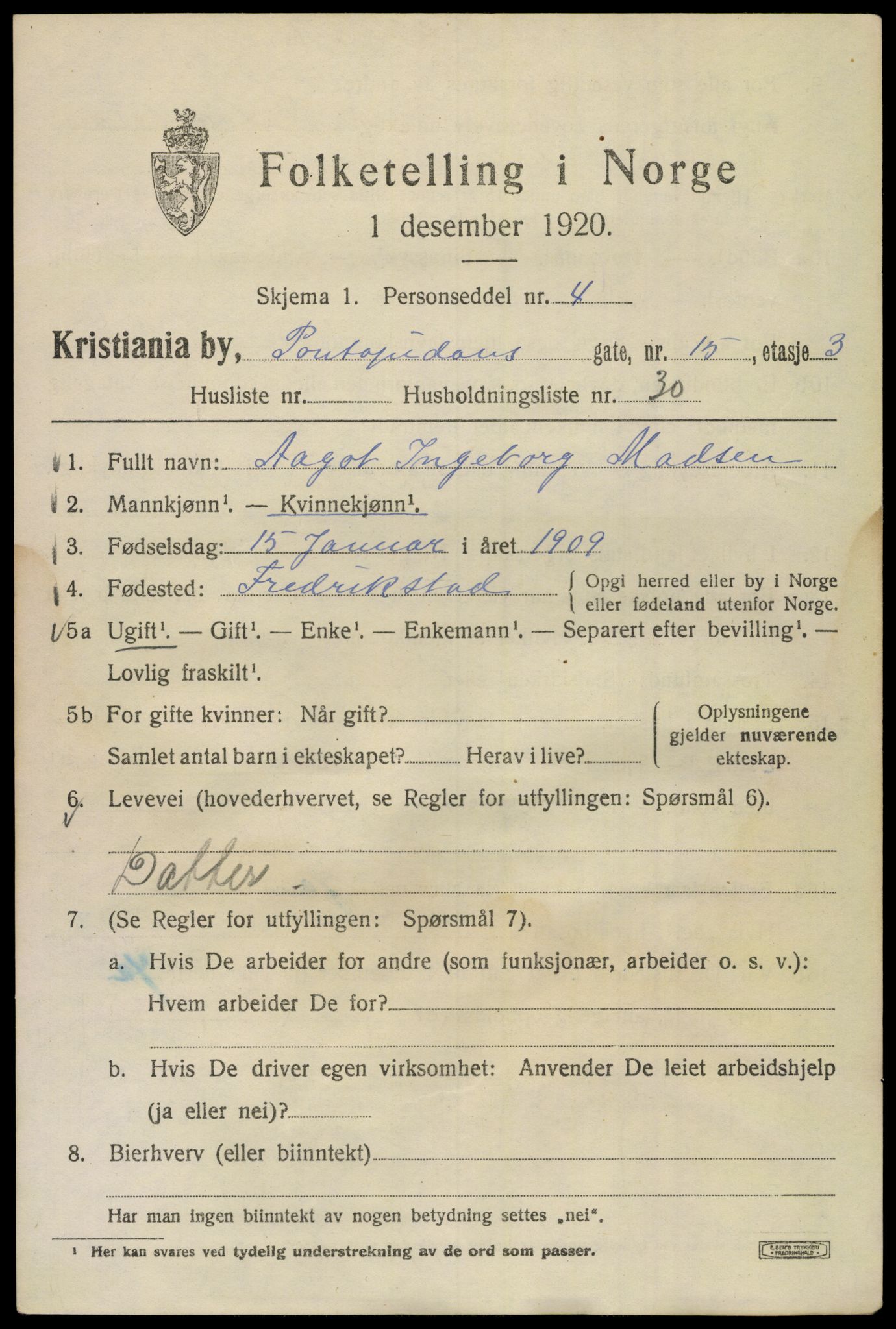 SAO, 1920 census for Kristiania, 1920, p. 458485