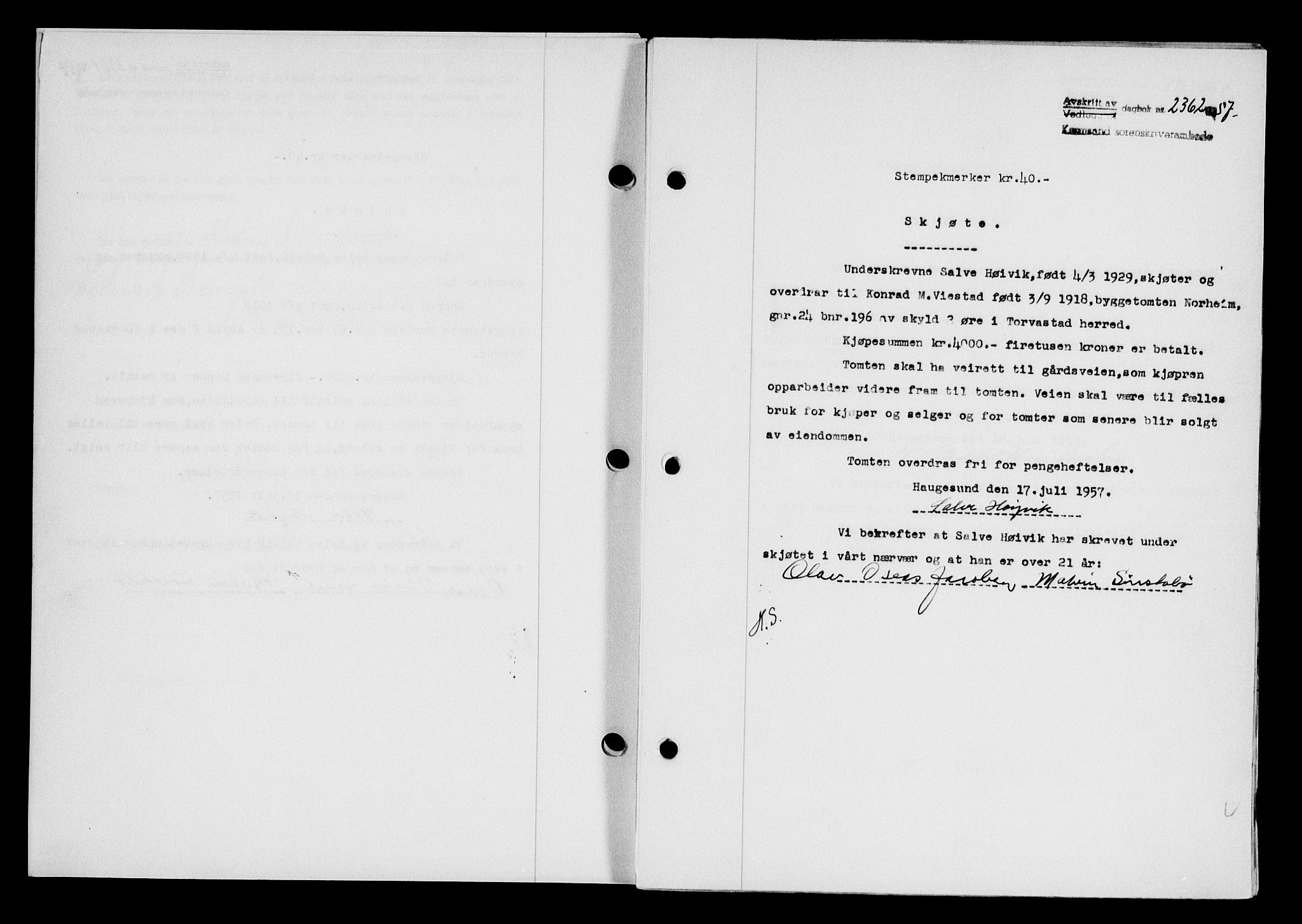 Karmsund sorenskriveri, SAST/A-100311/01/II/IIB/L0125: Mortgage book no. 105A, 1957-1957, Diary no: : 2362/1957