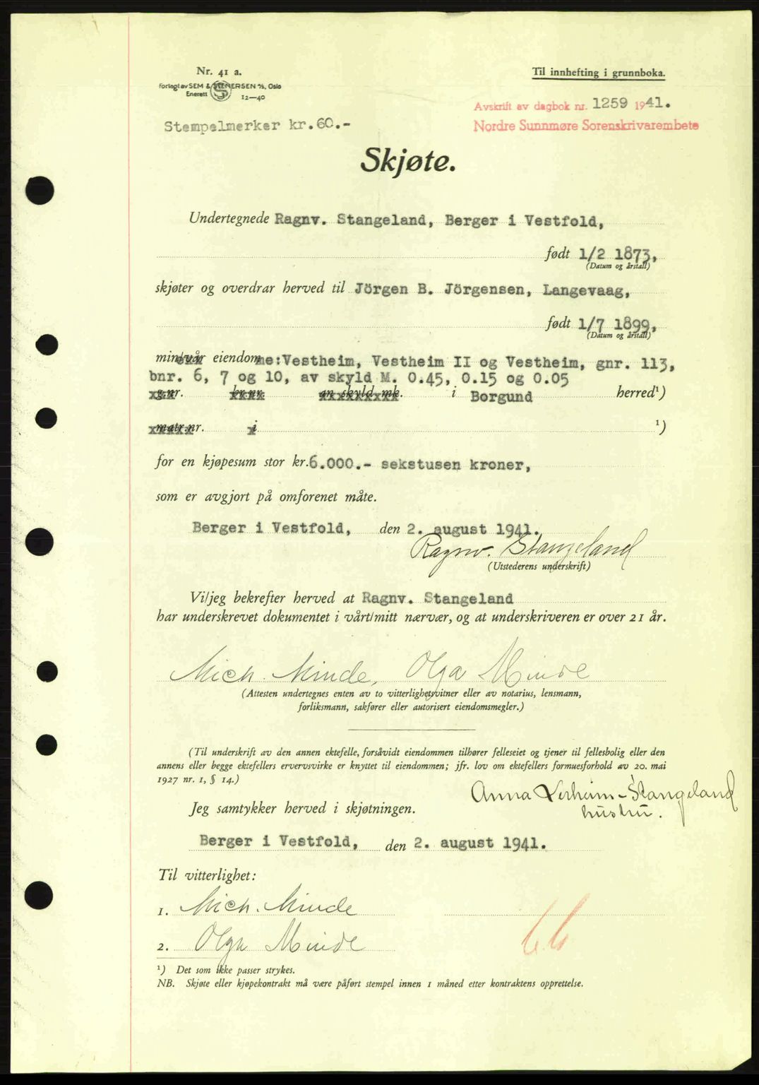 Nordre Sunnmøre sorenskriveri, AV/SAT-A-0006/1/2/2C/2Ca: Mortgage book no. A11, 1941-1941, Diary no: : 1259/1941