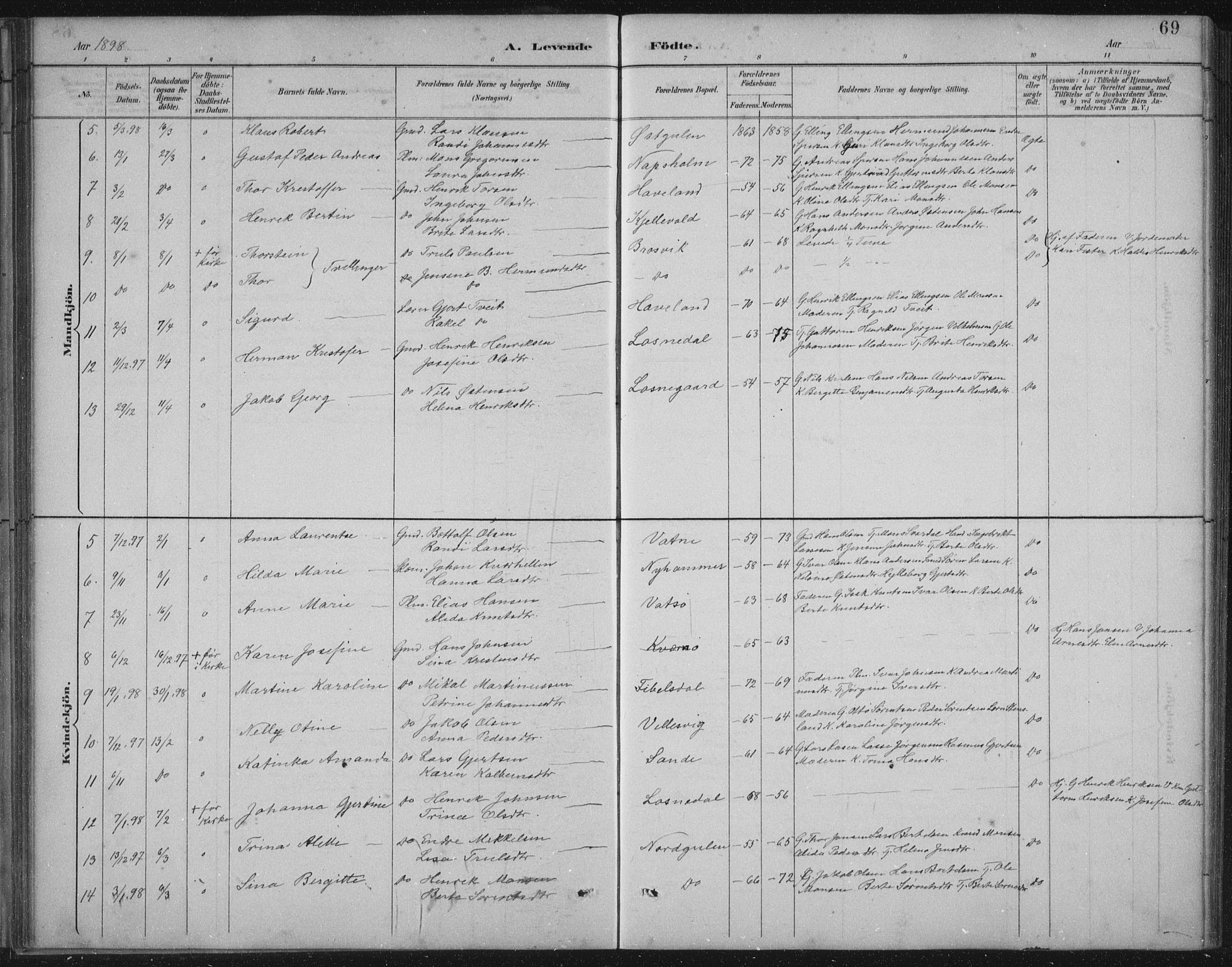 Gulen sokneprestembete, AV/SAB-A-80201/H/Hab/Habb/L0003: Parish register (copy) no. B 3, 1884-1907, p. 69