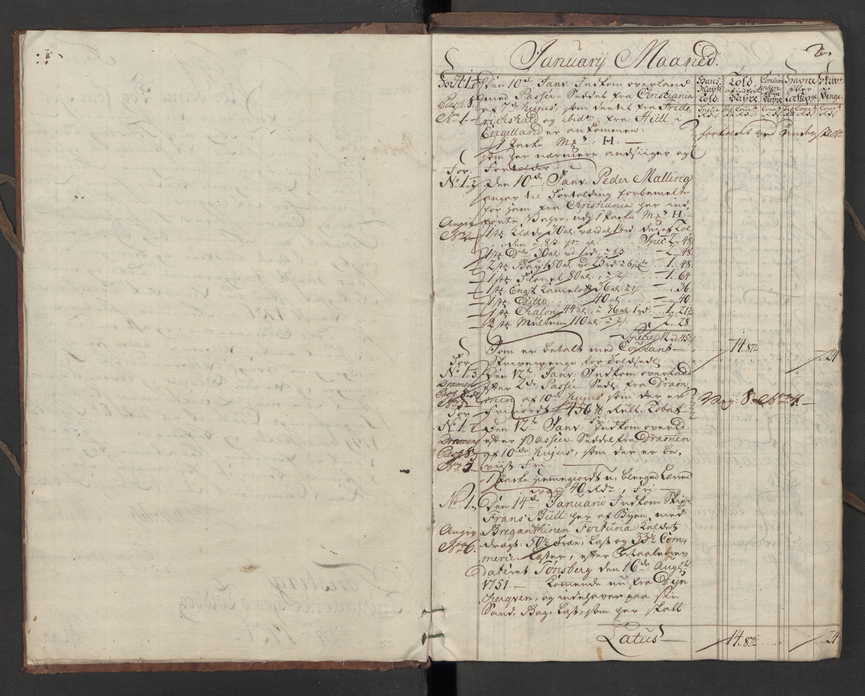 Generaltollkammeret, tollregnskaper, AV/RA-EA-5490/R10/L0018/0001: Tollregnskaper Tønsberg / Inngående hovedtollbok, 1756, p. 1b-2a
