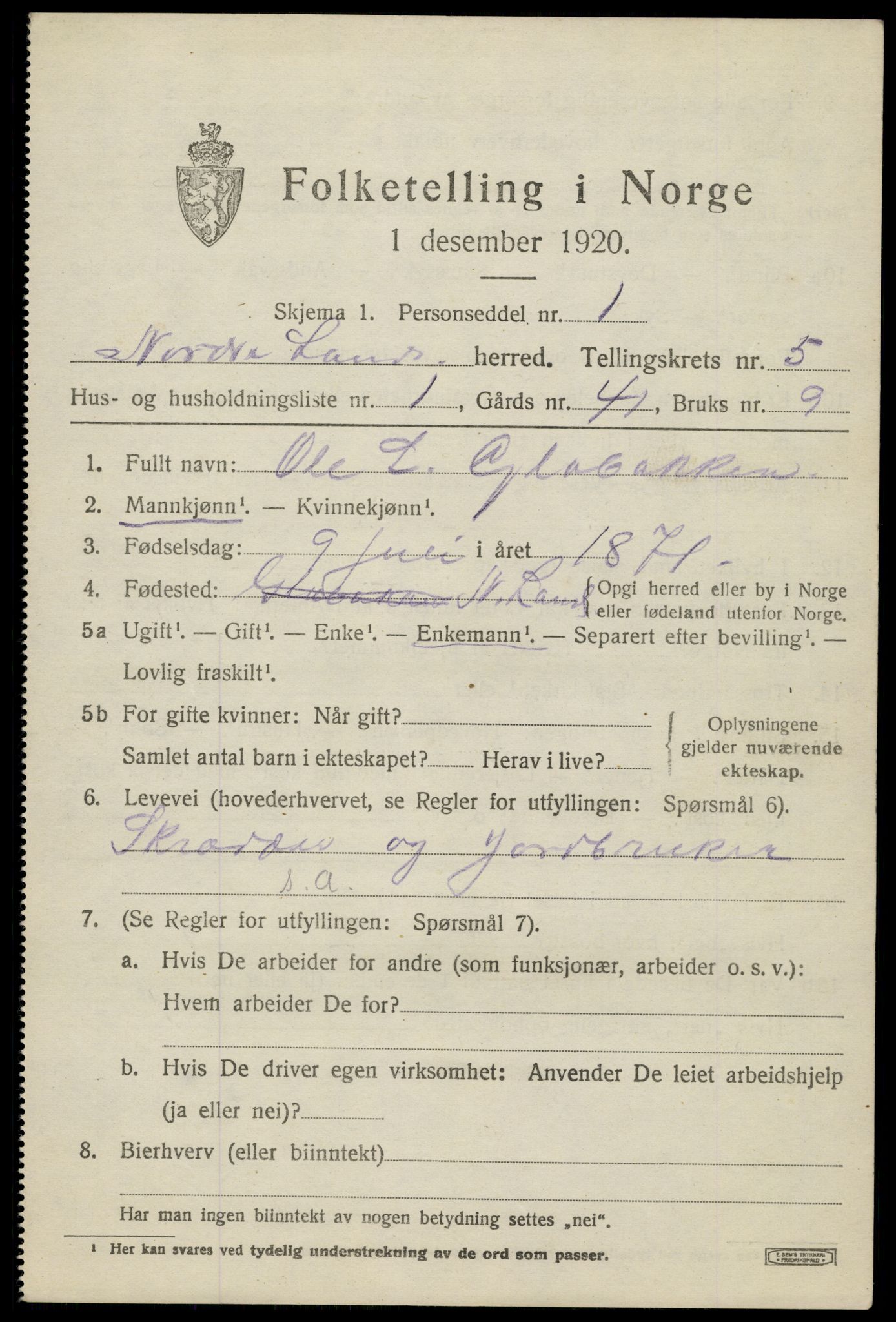 SAH, 1920 census for Nordre Land, 1920, p. 3698