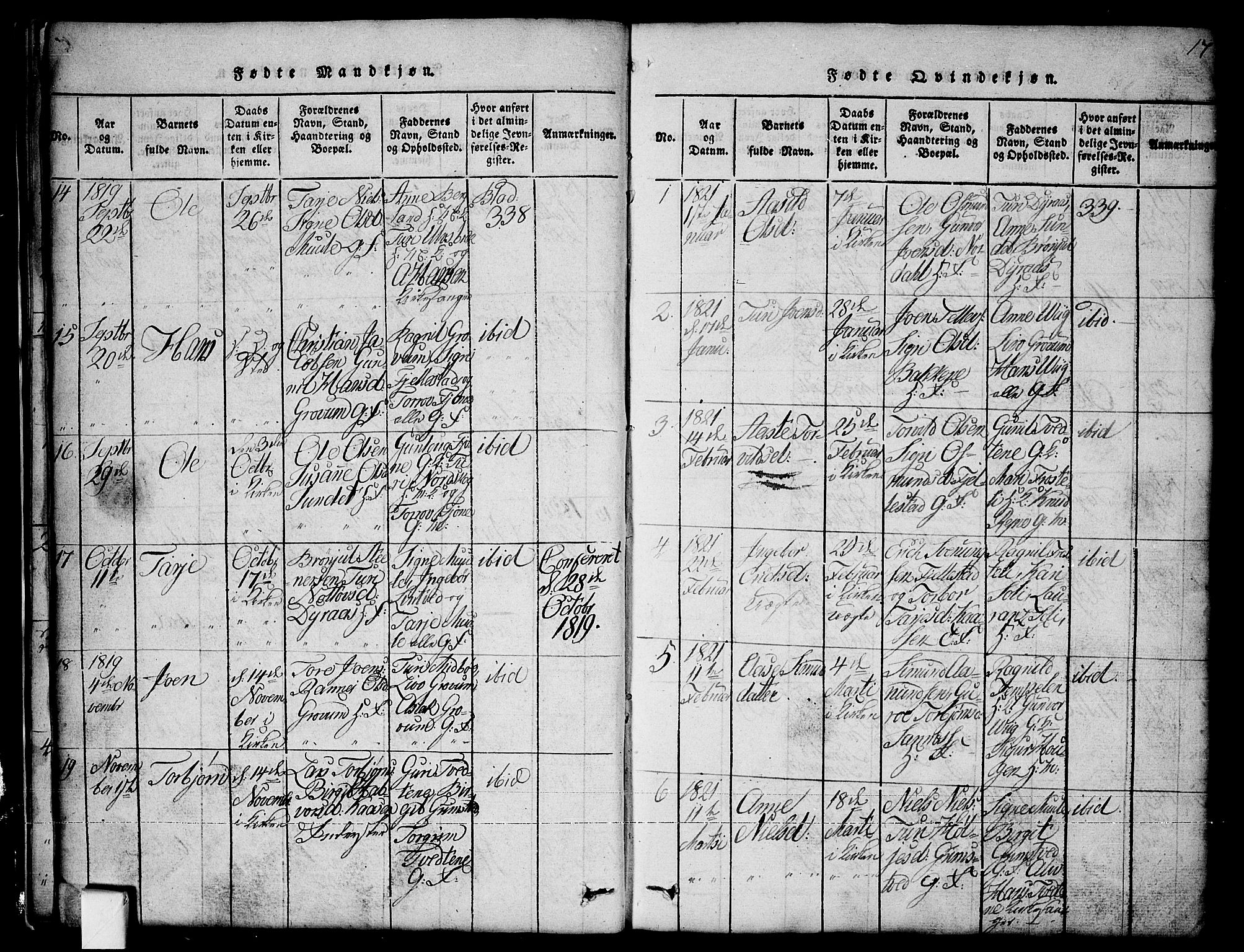 Nissedal kirkebøker, SAKO/A-288/G/Ga/L0001: Parish register (copy) no. I 1, 1814-1860, p. 17