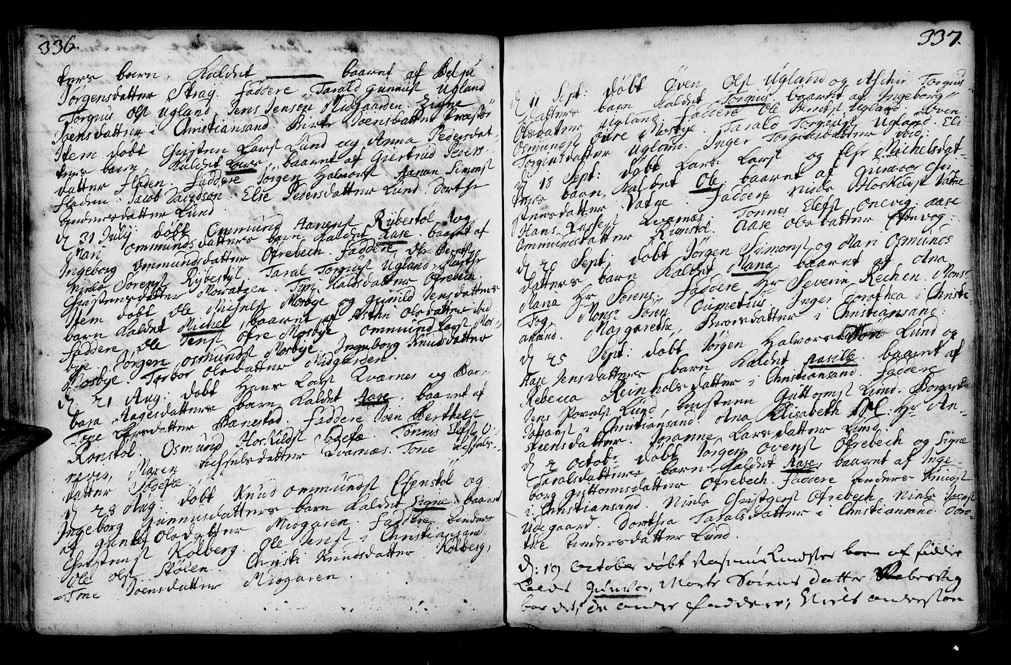Oddernes sokneprestkontor, SAK/1111-0033/F/Fa/Faa/L0001: Parish register (official) no. A 1, 1692-1718, p. 336-337