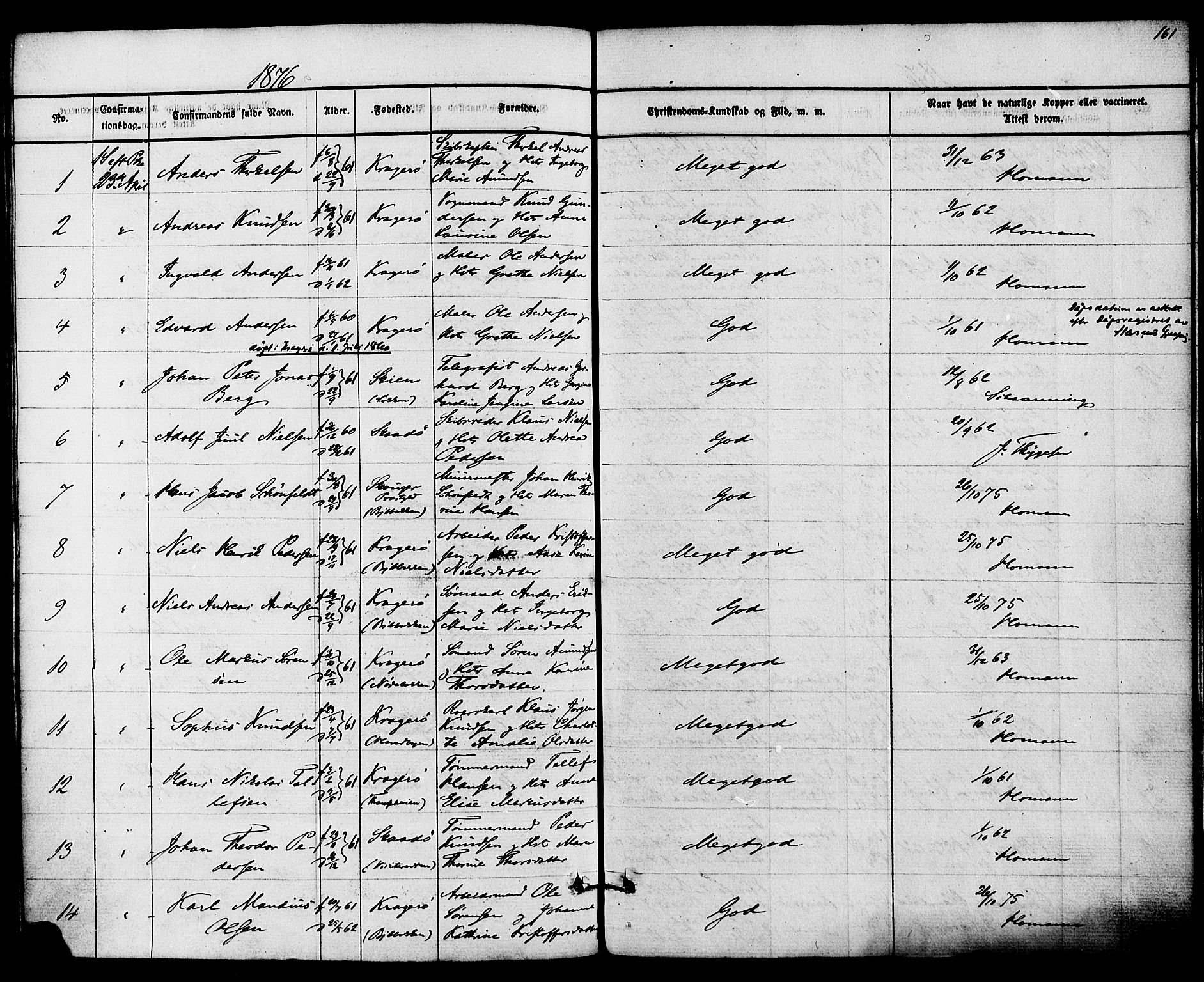 Kragerø kirkebøker, SAKO/A-278/F/Fa/L0008: Parish register (official) no. 8, 1856-1880, p. 161
