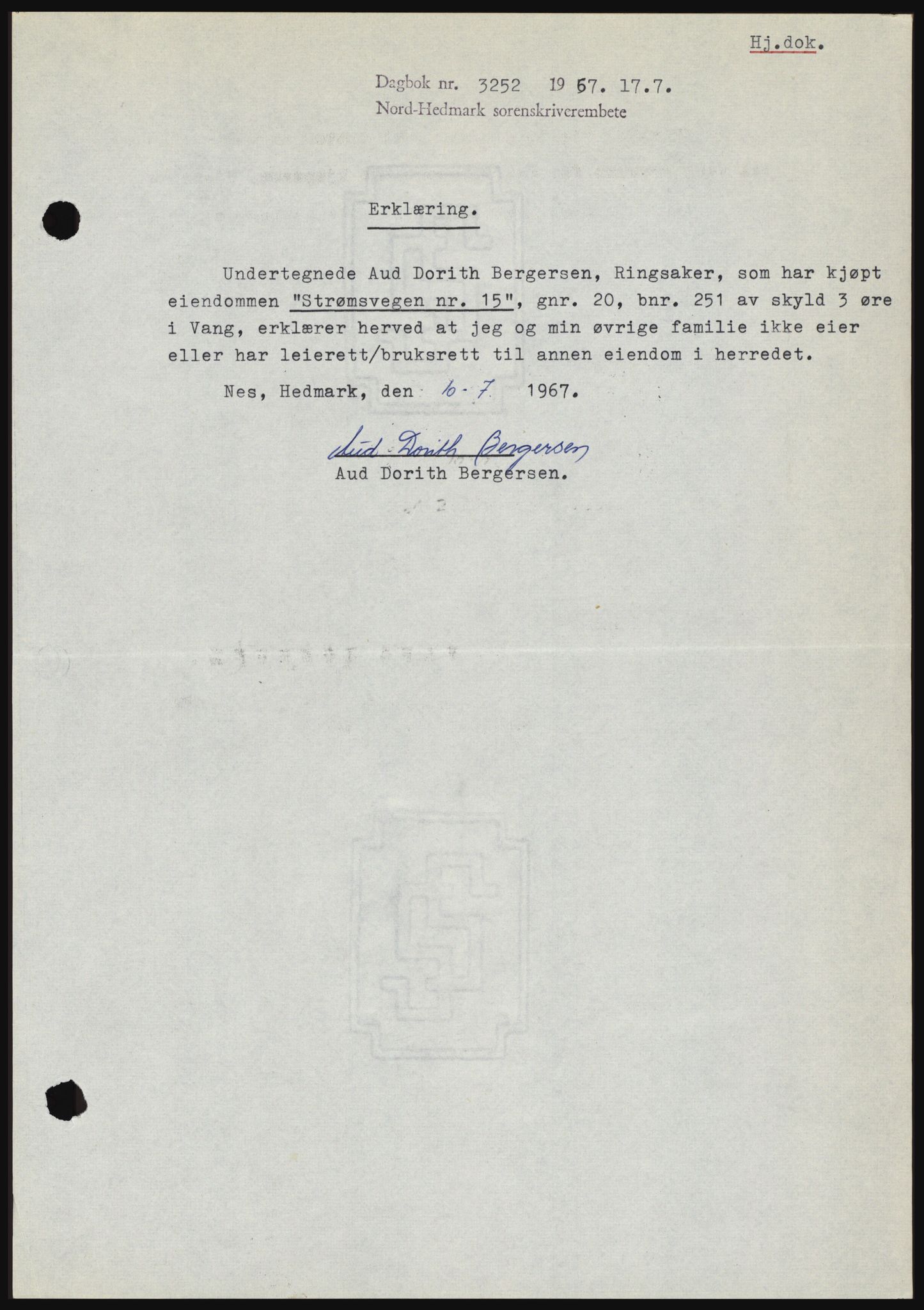 Nord-Hedmark sorenskriveri, SAH/TING-012/H/Hc/L0026: Mortgage book no. 26, 1967-1967, Diary no: : 3252/1967