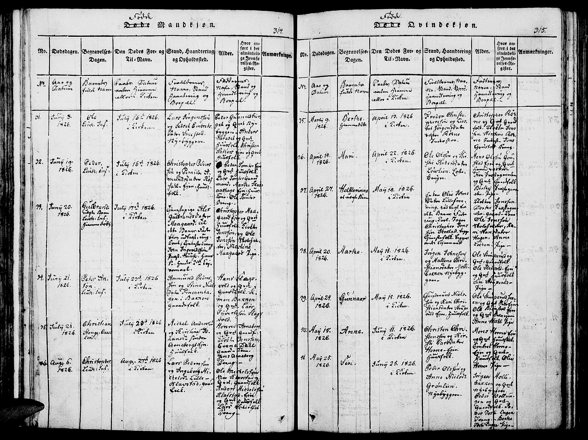 Romedal prestekontor, SAH/PREST-004/K/L0002: Parish register (official) no. 2, 1814-1828, p. 314-315