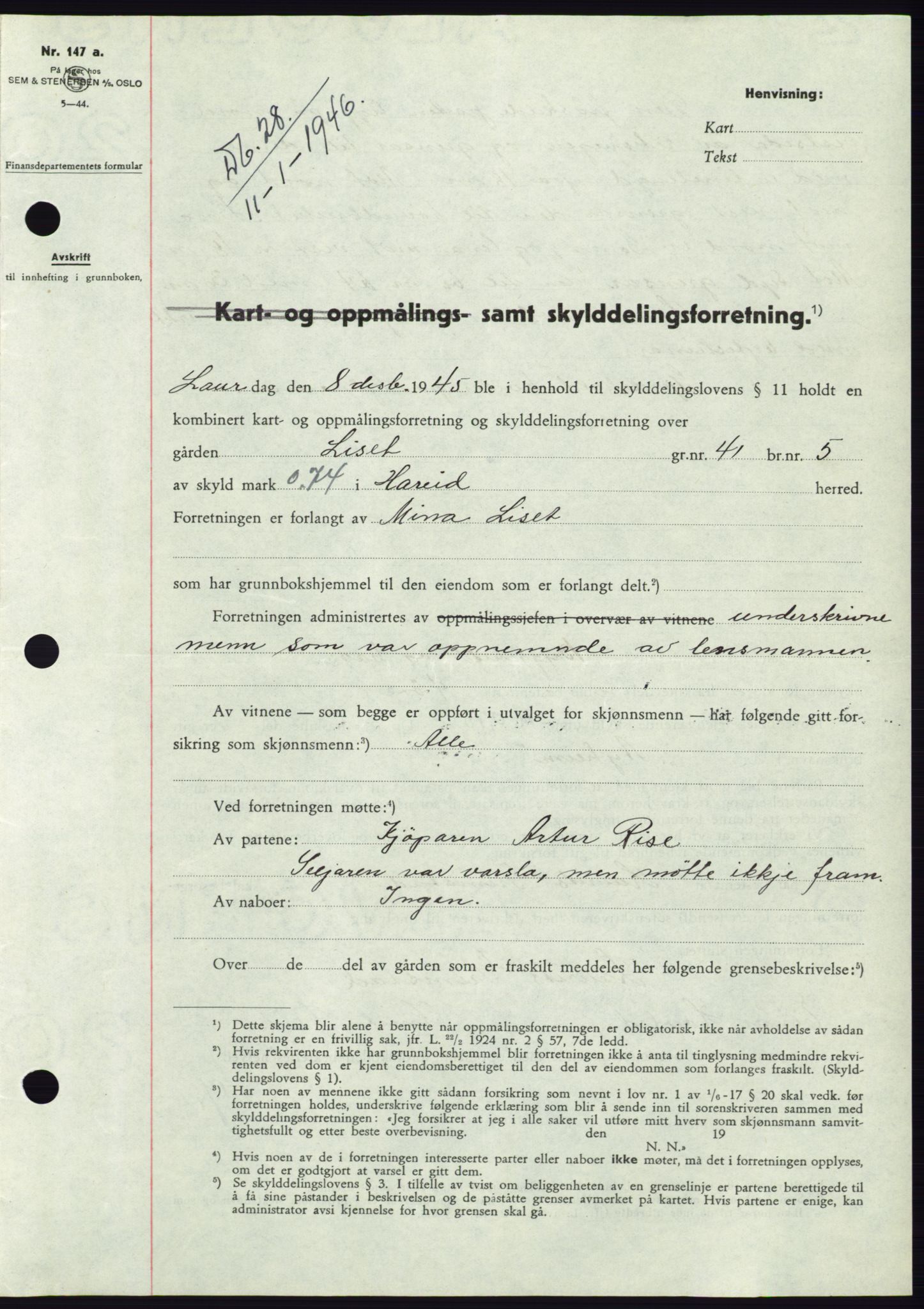 Søre Sunnmøre sorenskriveri, AV/SAT-A-4122/1/2/2C/L0077: Mortgage book no. 3A, 1945-1946, Diary no: : 28/1946