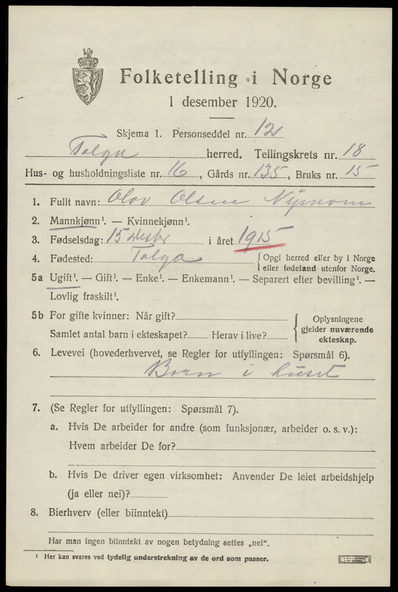 SAH, 1920 census for Tolga, 1920, p. 8449