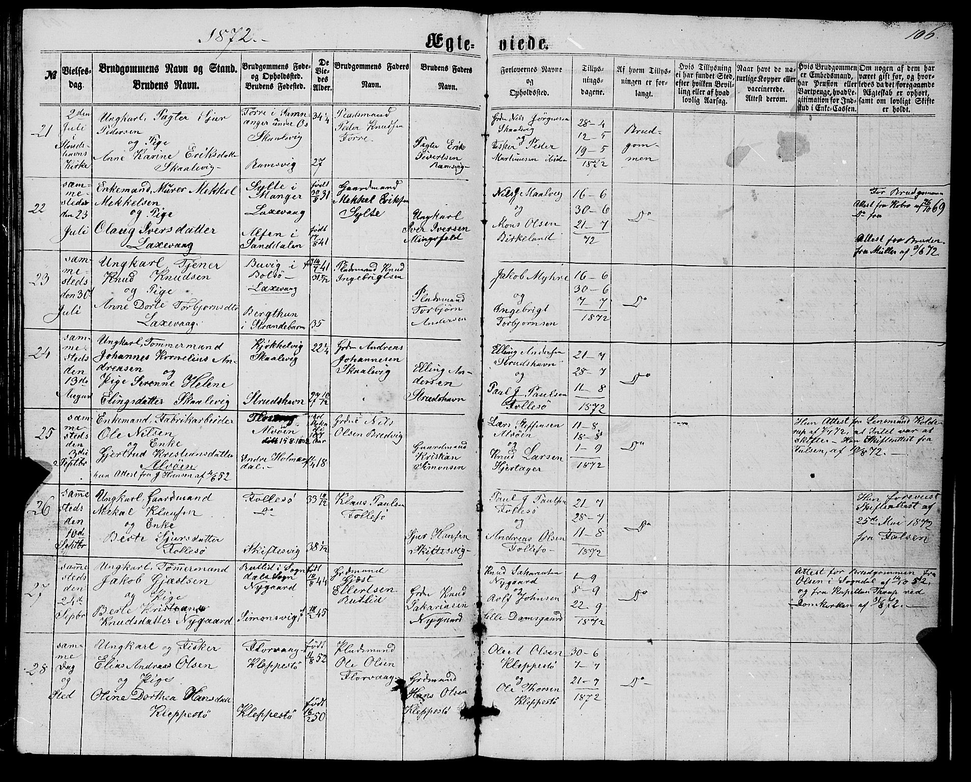 Askøy Sokneprestembete, AV/SAB-A-74101/H/Ha/Hab/Haba/L0006: Parish register (copy) no. A 6, 1861-1881, p. 106