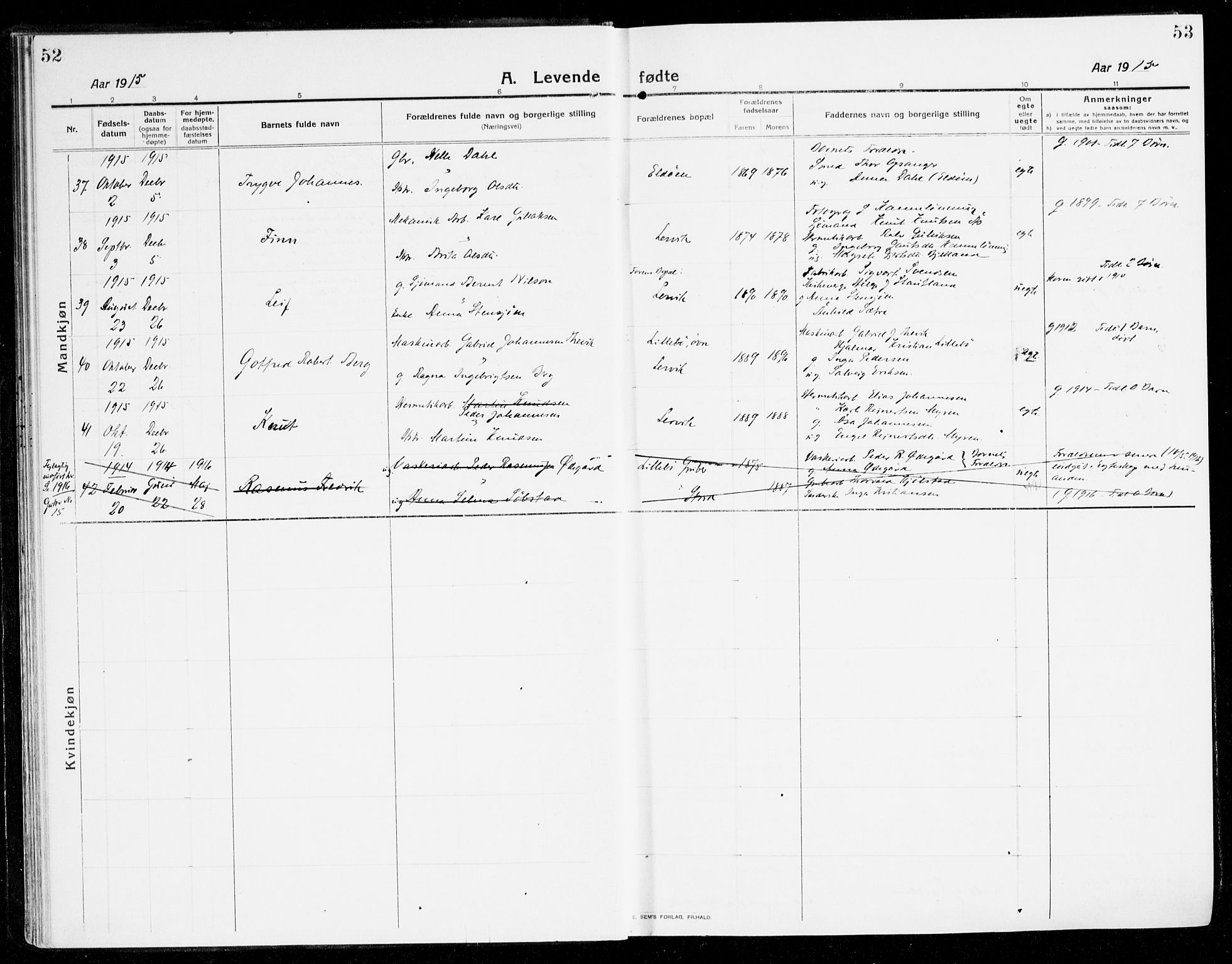 Stord sokneprestembete, AV/SAB-A-78201/H/Haa: Parish register (official) no. B 3, 1913-1925, p. 52-53