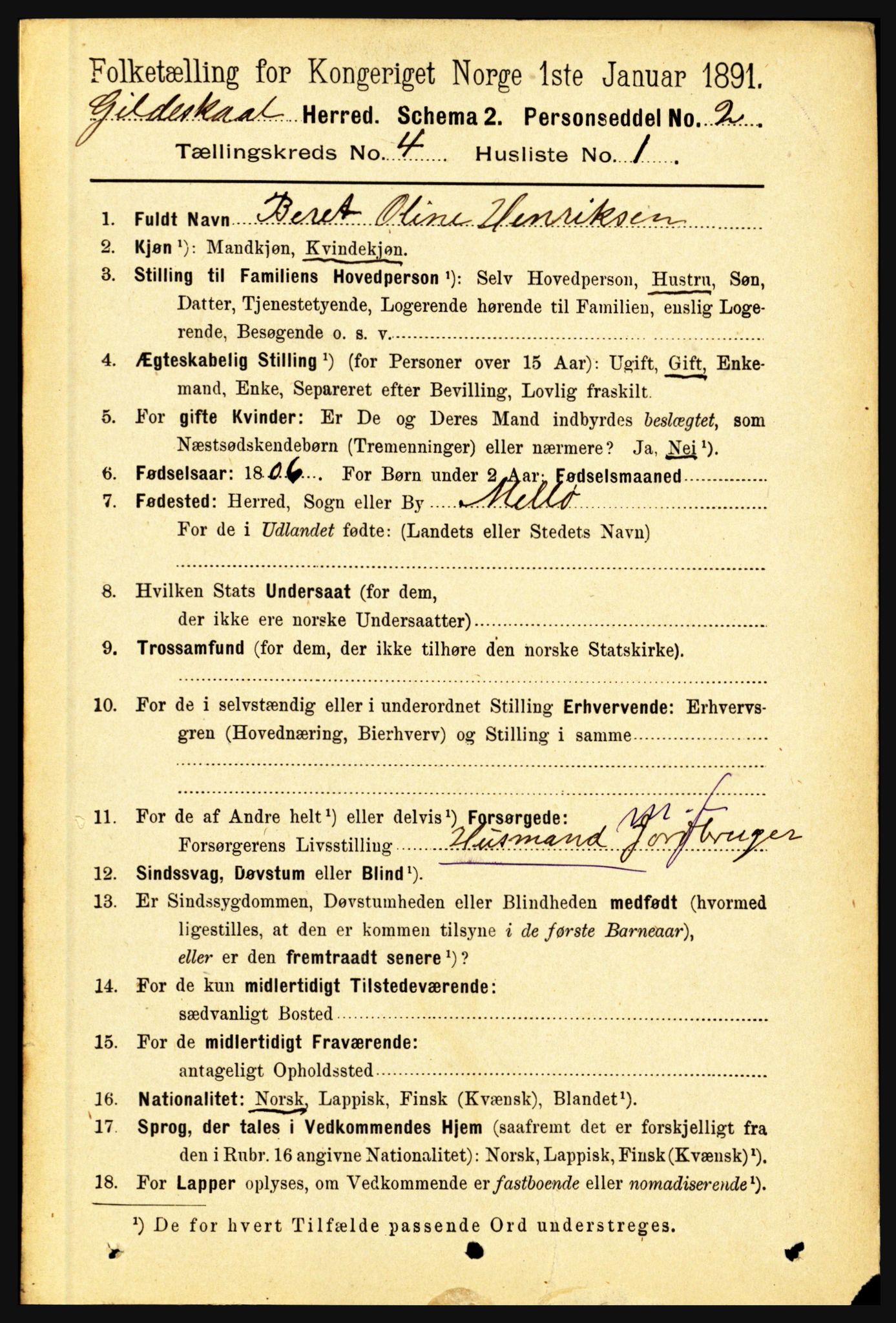 RA, 1891 census for 1838 Gildeskål, 1891, p. 1070