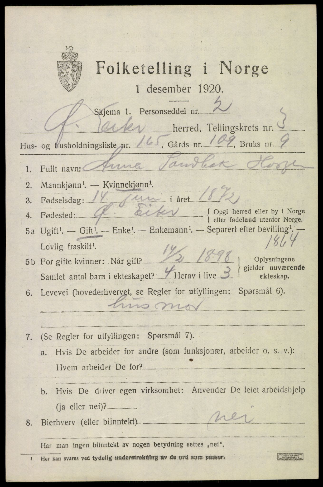 SAKO, 1920 census for Øvre Eiker, 1920, p. 9794