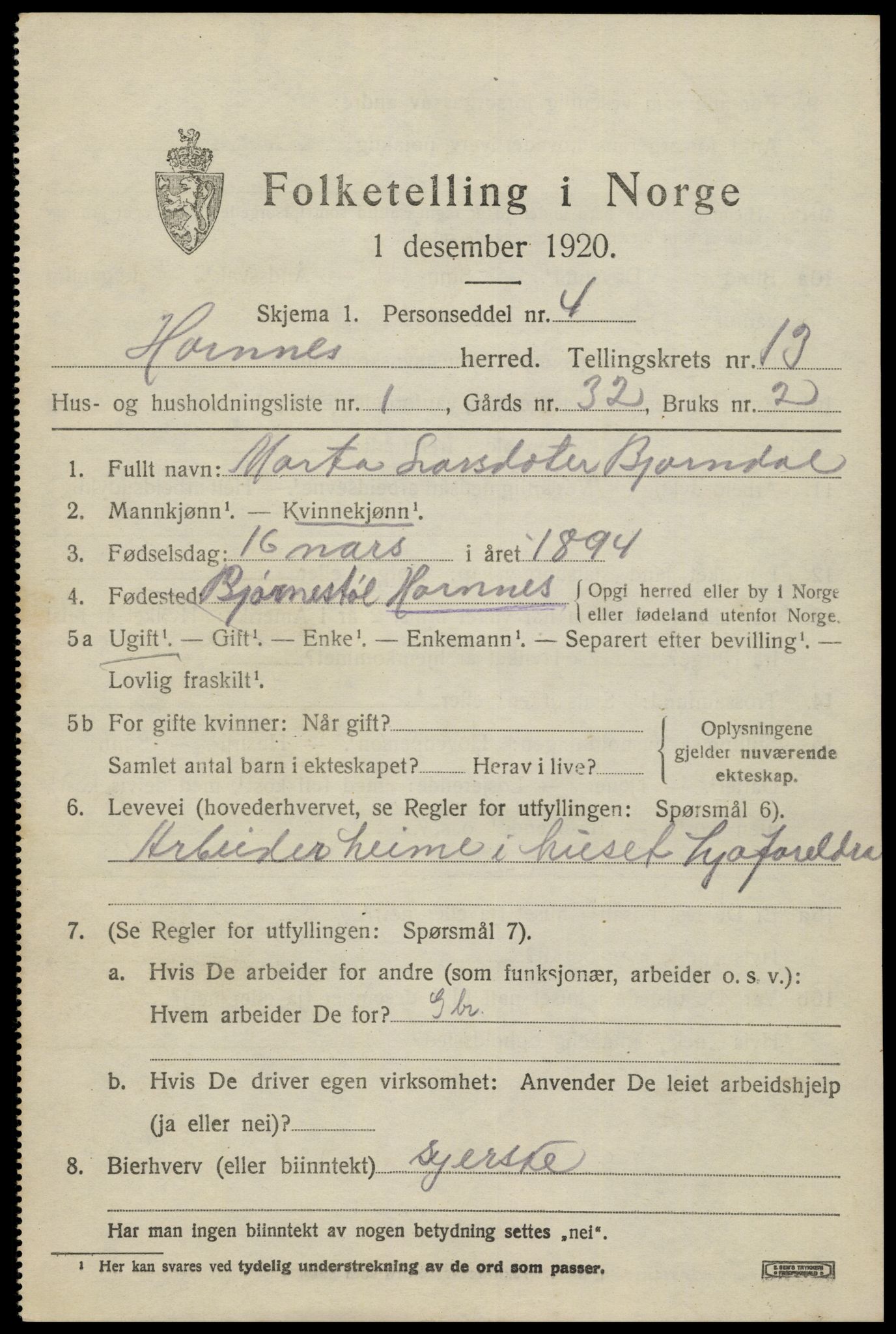 SAK, 1920 census for Hornnes, 1920, p. 3055