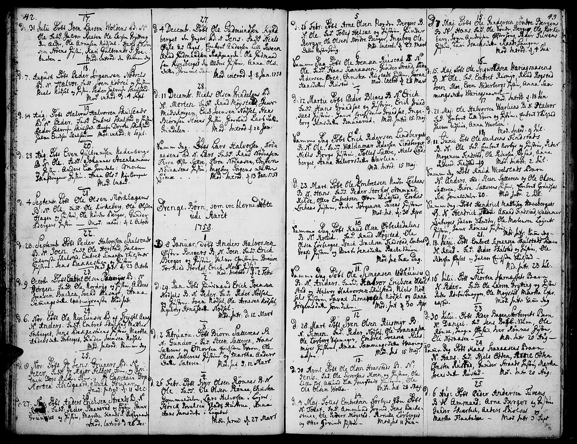 Elverum prestekontor, AV/SAH-PREST-044/H/Ha/Haa/L0003: Parish register (official) no. 3, 1757-1776, p. 42-43