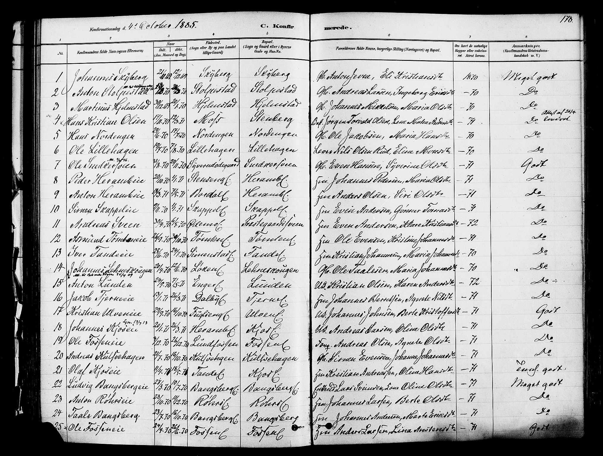 Ringsaker prestekontor, SAH/PREST-014/K/Ka/L0012: Parish register (official) no. 12, 1879-1890, p. 178