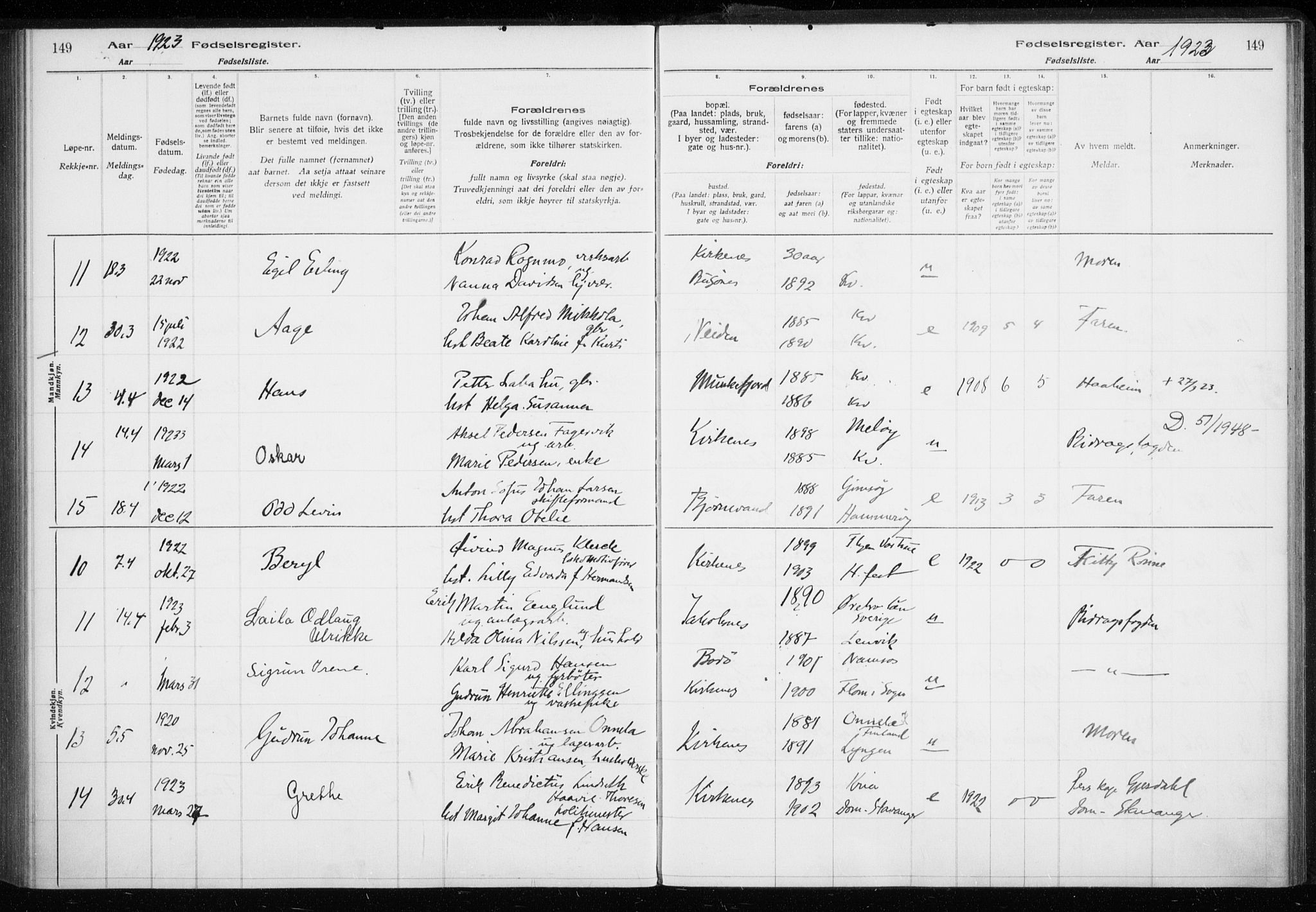 Sør-Varanger sokneprestkontor, AV/SATØ-S-1331/I/Ia/L0016: Birth register no. 16, 1915-1925, p. 149