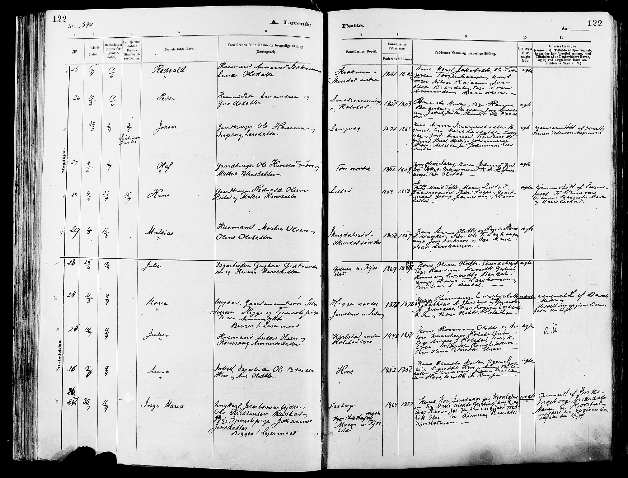 Sør-Fron prestekontor, AV/SAH-PREST-010/H/Ha/Haa/L0003: Parish register (official) no. 3, 1881-1897, p. 122