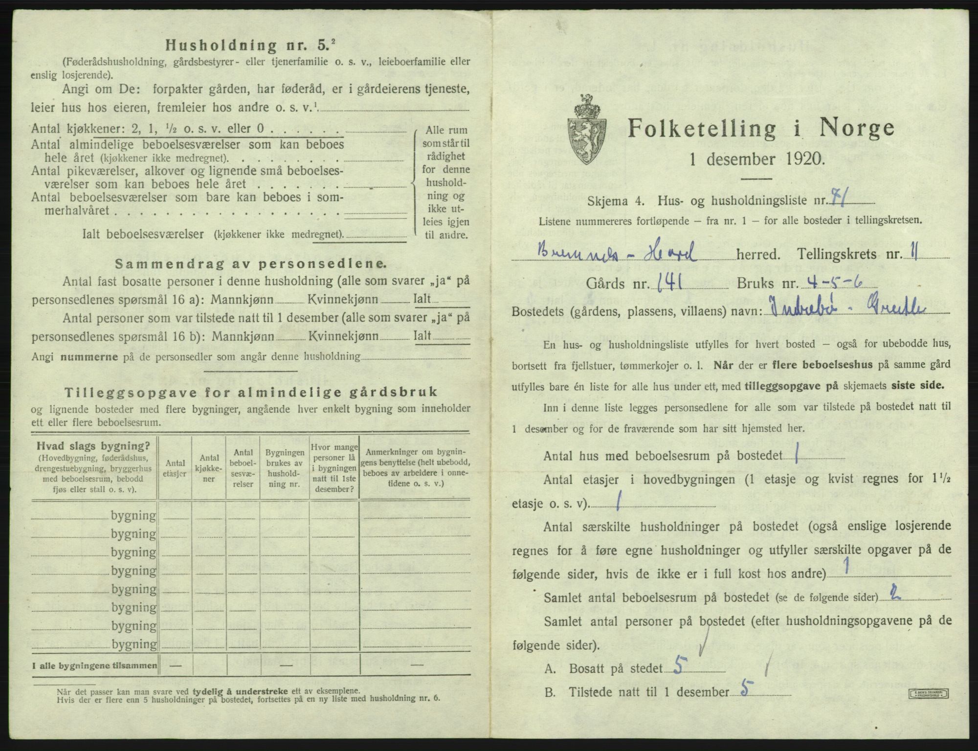 SAB, 1920 census for Bremnes, 1920, p. 1019