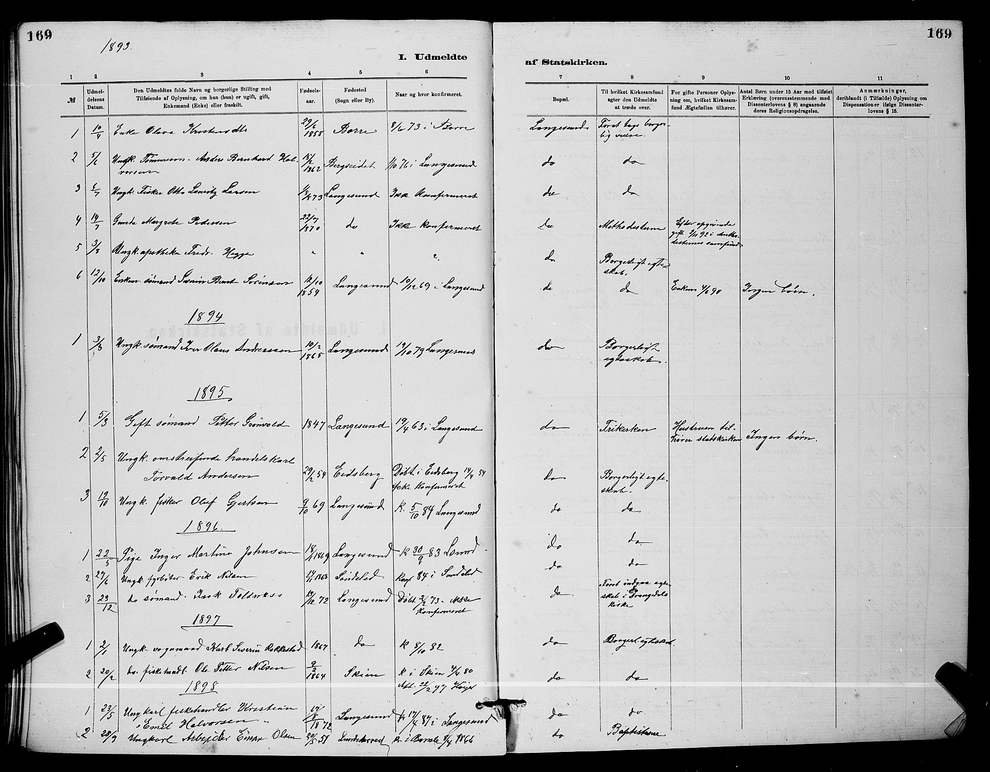 Langesund kirkebøker, SAKO/A-280/G/Ga/L0005: Parish register (copy) no. 5, 1884-1898, p. 169