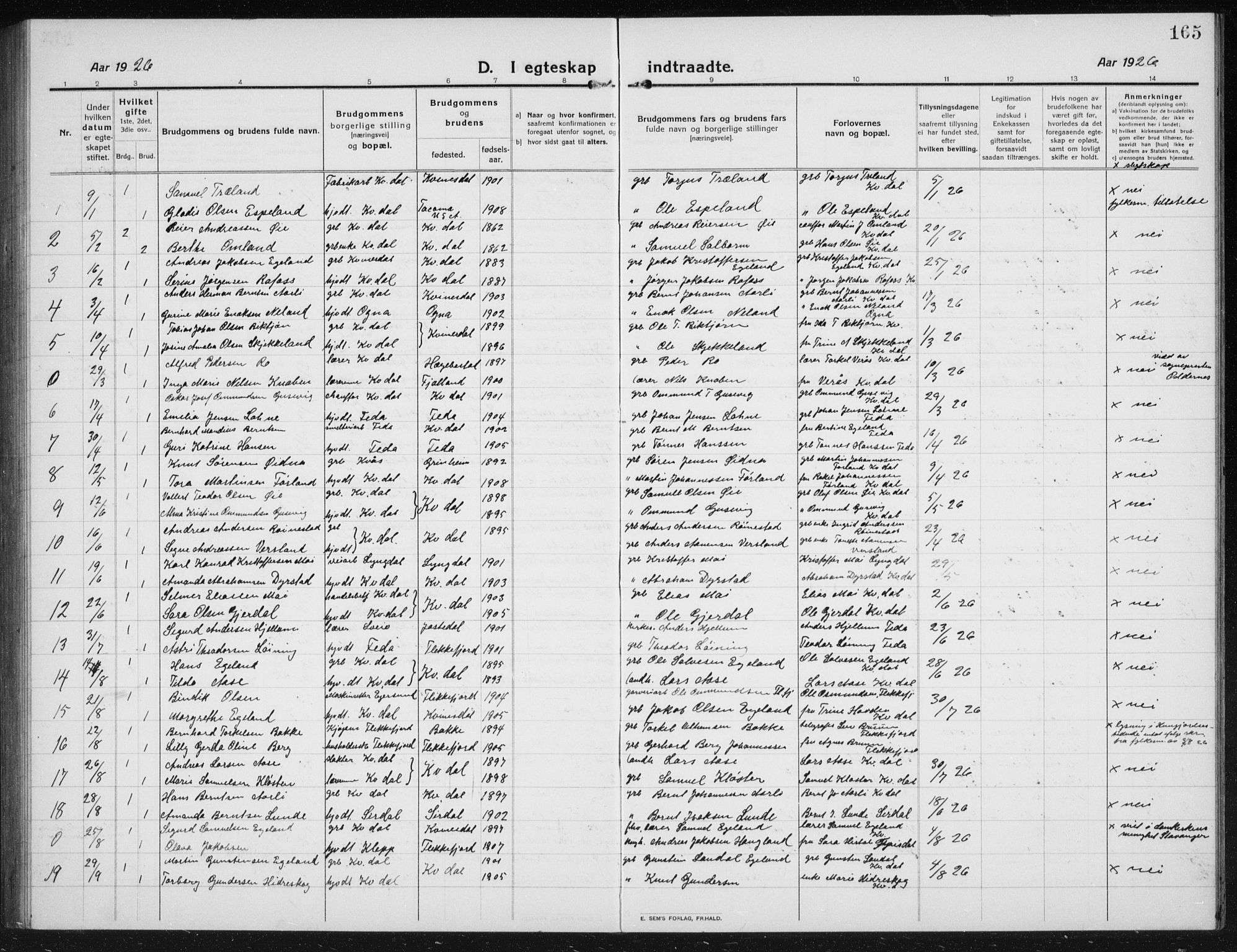 Kvinesdal sokneprestkontor, SAK/1111-0026/F/Fb/Fbb/L0004: Parish register (copy) no. B 4, 1917-1938, p. 165