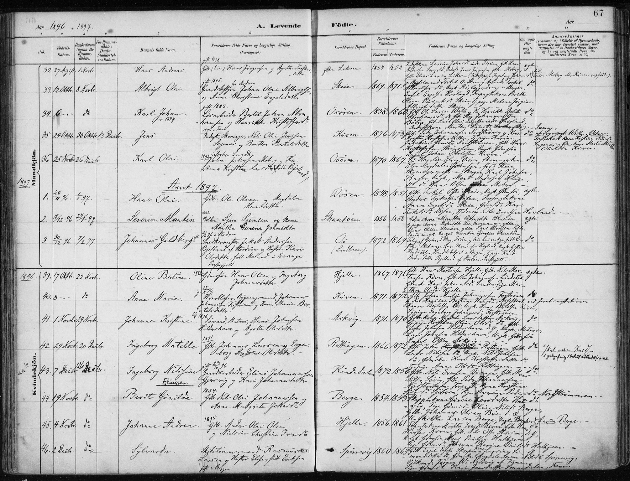 Os sokneprestembete, AV/SAB-A-99929: Parish register (official) no. B 1, 1885-1902, p. 67