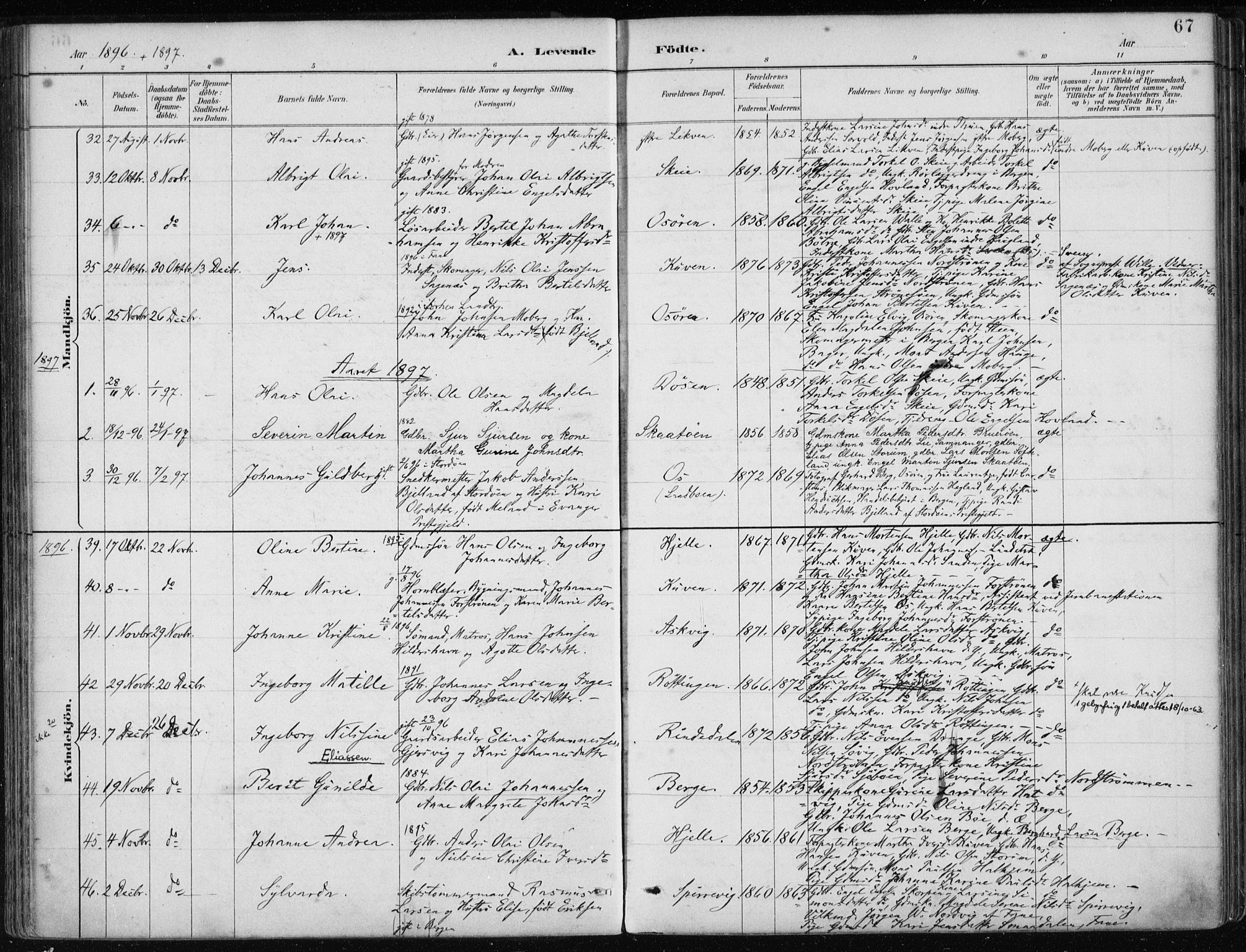 Os sokneprestembete, SAB/A-99929: Parish register (official) no. B 1, 1885-1902, p. 67