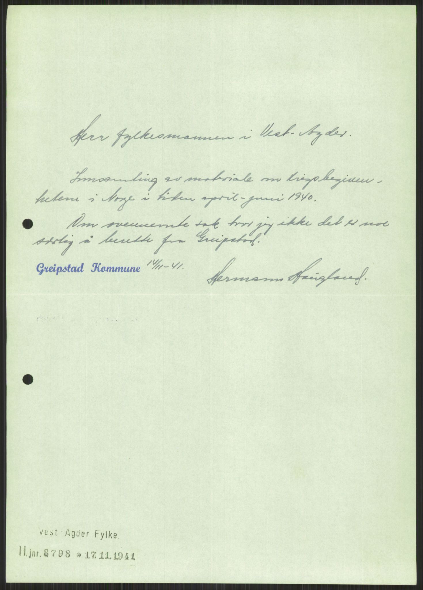 Forsvaret, Forsvarets krigshistoriske avdeling, AV/RA-RAFA-2017/Y/Ya/L0014: II-C-11-31 - Fylkesmenn.  Rapporter om krigsbegivenhetene 1940., 1940, p. 829